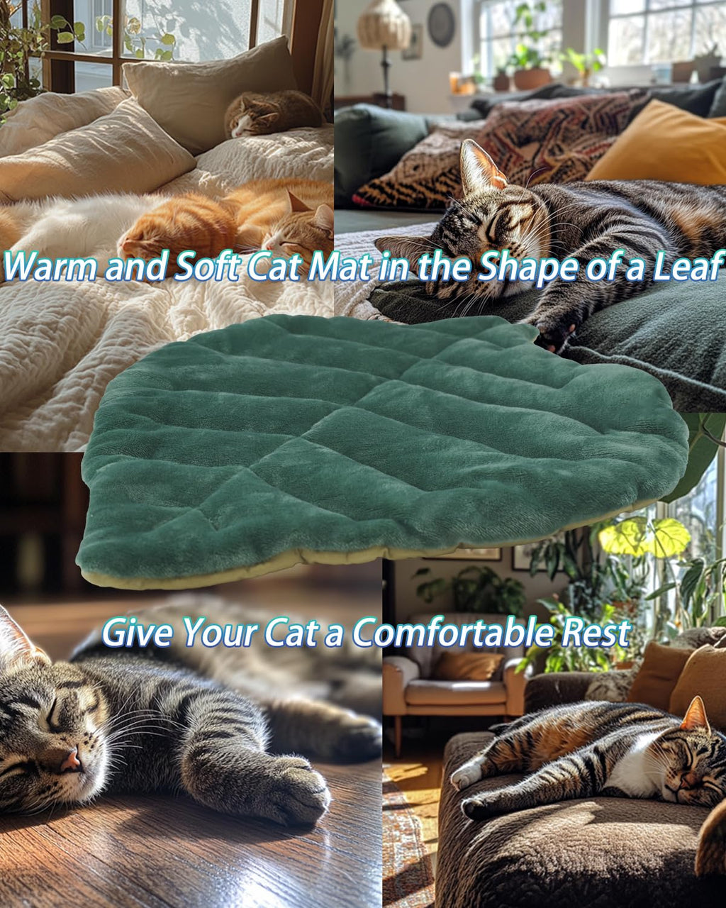 Cat Mat Self Warming Cat Bed 26"x20" Leaf Shaped Cotton Soft Warm Pet Pad Blanket for Indoor Bed Couch Sofa Floors Cat and Dog (Green)