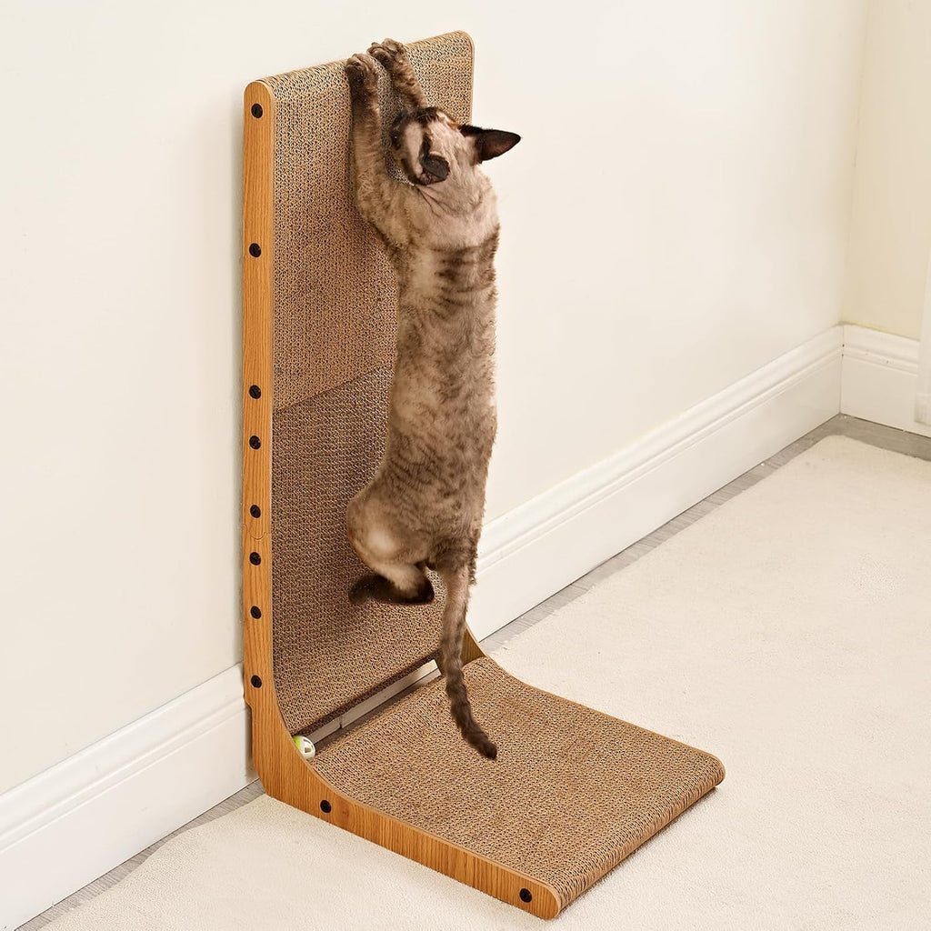 EHEYCIGA Cardboard Cat Scratcher for Indoor Cats, 26.8 Inch L Shaped Vertical Cat Scratching Board with Ball Cat Toy, Large Cat Scratcher Pad, Brown