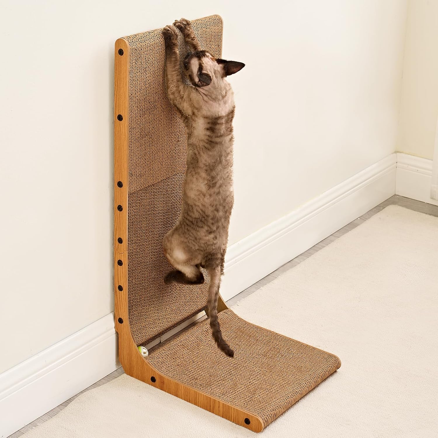 EHEYCIGA Cardboard Cat Scratcher for Indoor Cats, 26.8 Inch L Shaped Vertical Cat Scratching Board with Ball Cat Toy, Large Cat Scratcher Pad, Brown