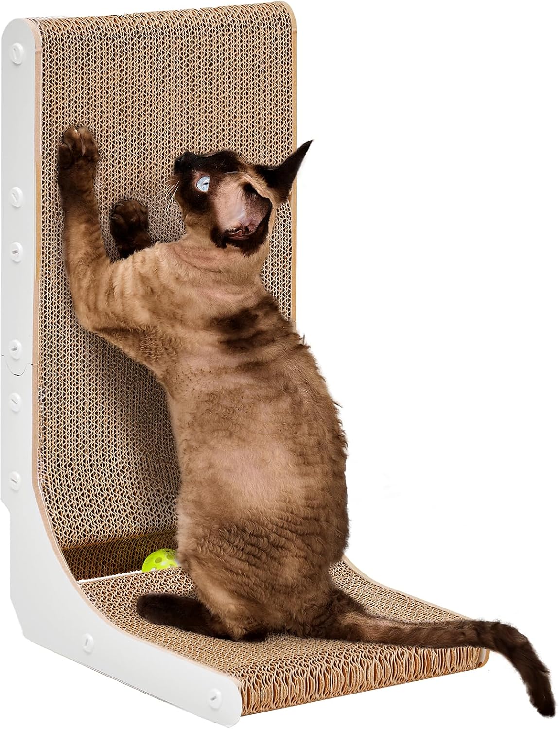EHEYCIGA Cardboard Cat Scratcher for Indoor Cats, 26.8 Inch L Shaped Vertical Cat Scratching Board with Ball Cat Toy, Large Cat Scratcher Pad, Brown
