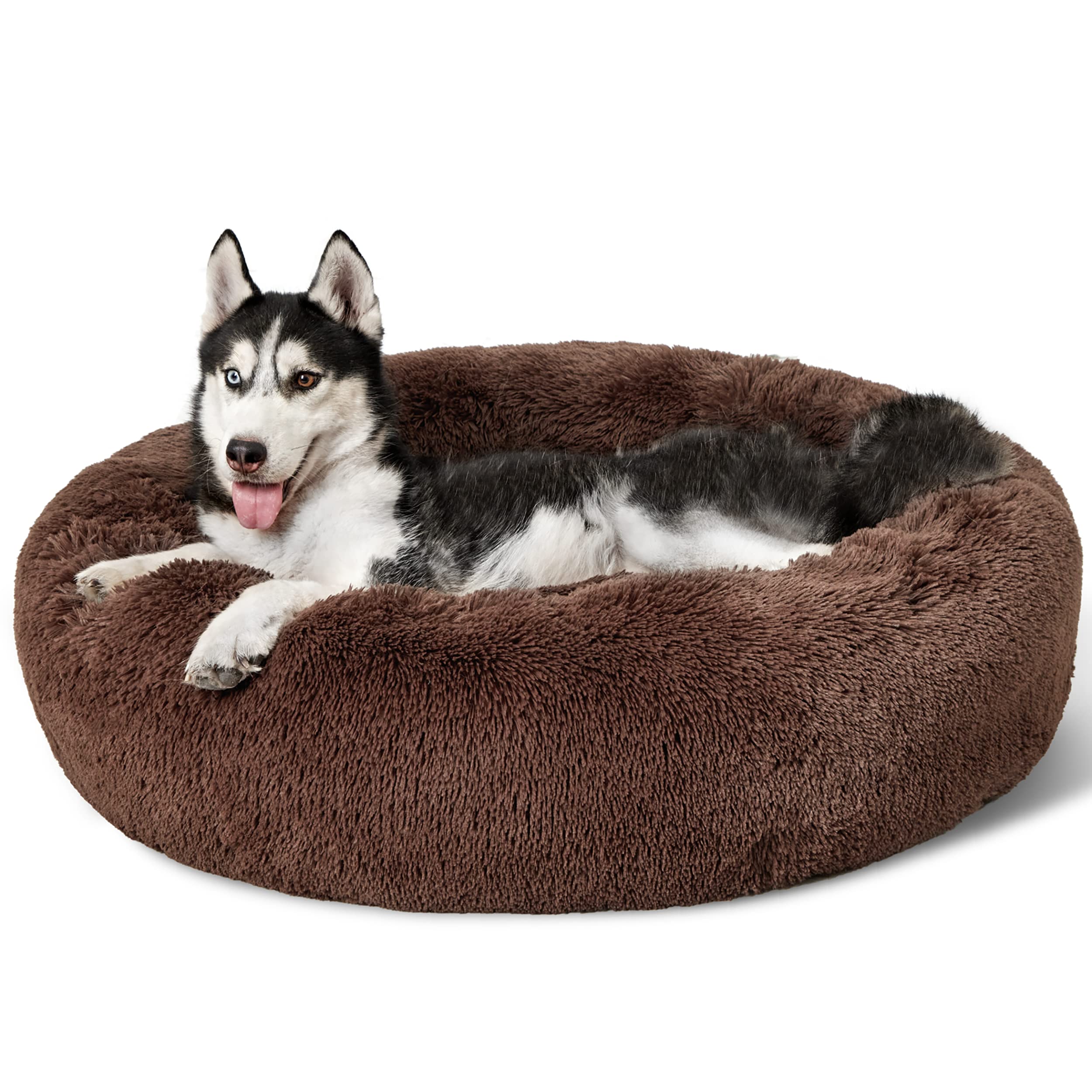 Bedsure Calming Dog Bed for Small Dogs - Donut Washable Small Puppy Bed, 23 inches Anti-Slip Round Fluffy Plush Faux Fur Large Cat Bed, Fits up to 25 lbs Pets, Camel
