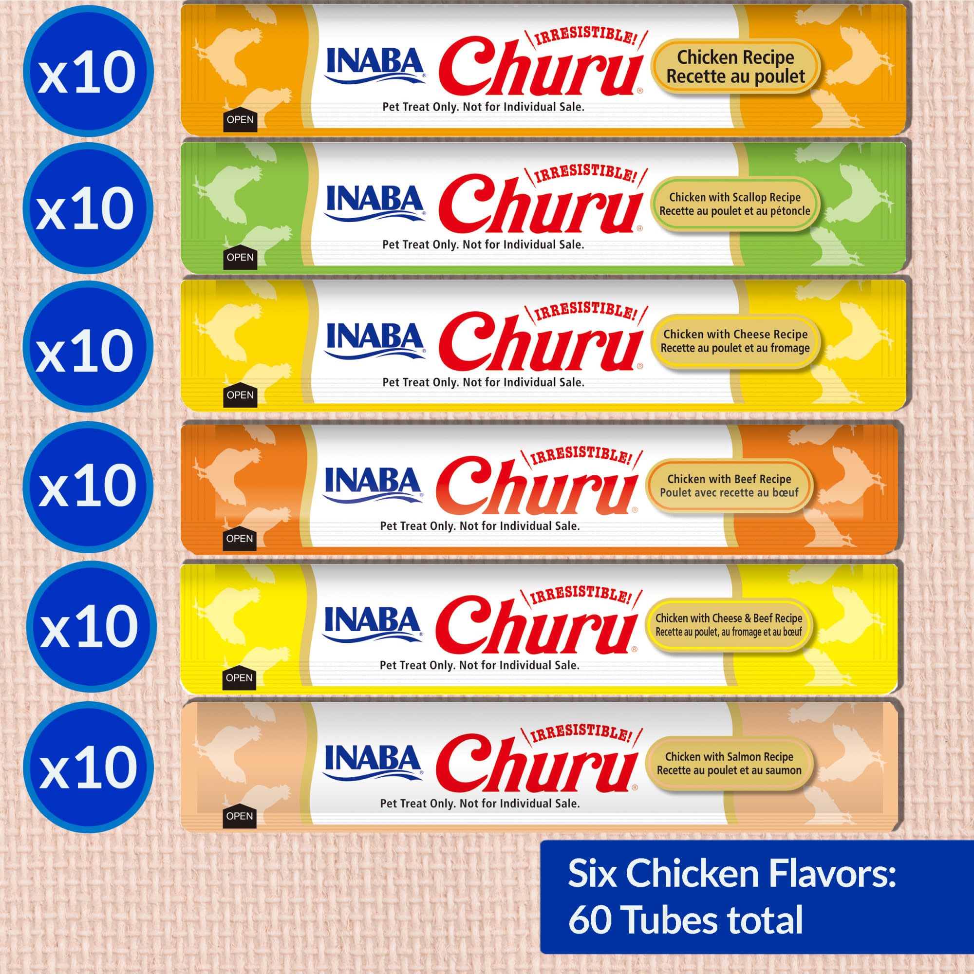 INABA Churu Cat Treats, Grain-Free, Lickable, Squeezable Creamy Purée Cat Treat/Topper with Vitamin E & Taurine, 0.5 Ounces Each Tube, 50 Tubes, Tuna & Chicken Variety