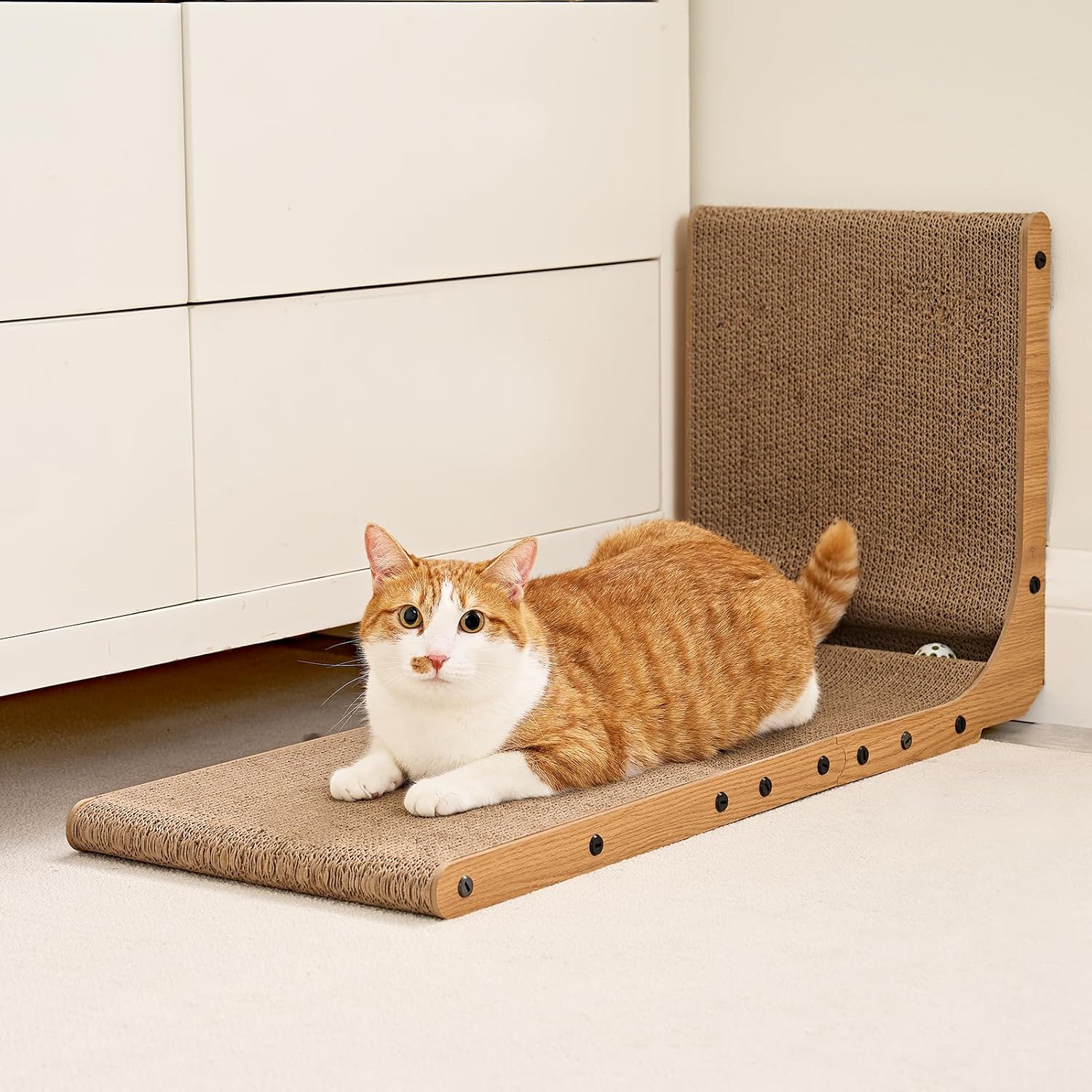 EHEYCIGA Cardboard Cat Scratcher for Indoor Cats, 26.8 Inch L Shaped Vertical Cat Scratching Board with Ball Cat Toy, Large Cat Scratcher Pad, Brown