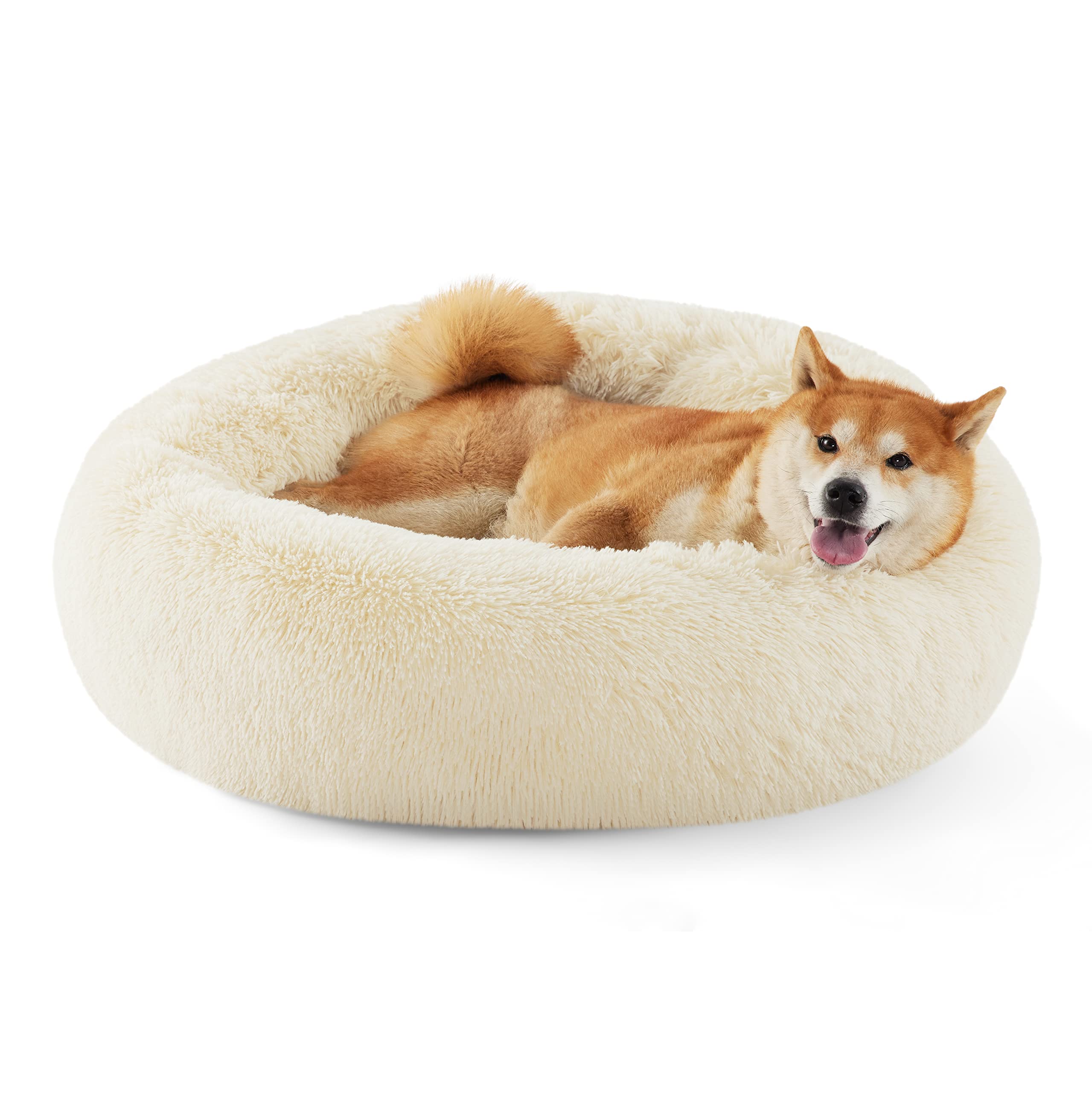 Bedsure Calming Dog Bed for Small Dogs - Donut Washable Small Puppy Bed, 23 inches Anti-Slip Round Fluffy Plush Faux Fur Large Cat Bed, Fits up to 25 lbs Pets, Camel