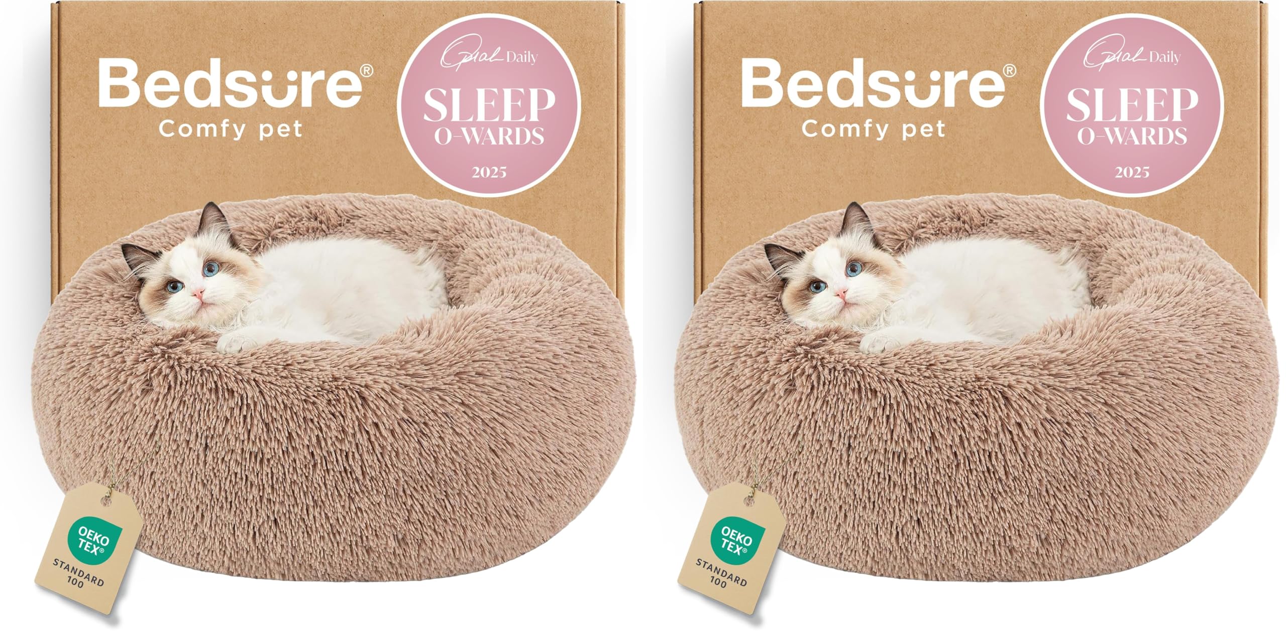 Bedsure Calming Dog Bed for Small Dogs - Donut Washable Small Puppy Bed, 23 inches Anti-Slip Round Fluffy Plush Faux Fur Large Cat Bed, Fits up to 25 lbs Pets, Camel