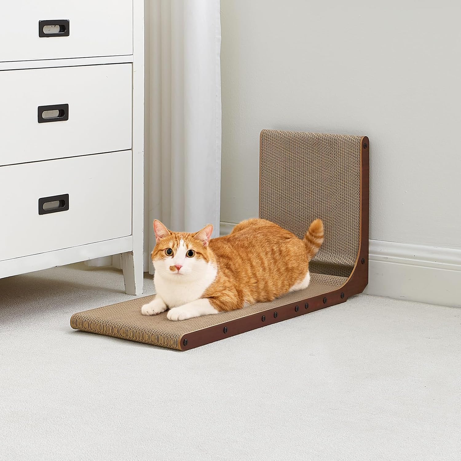 EHEYCIGA Cardboard Cat Scratcher for Indoor Cats, 26.8 Inch L Shaped Vertical Cat Scratching Board with Ball Cat Toy, Large Cat Scratcher Pad, Brown