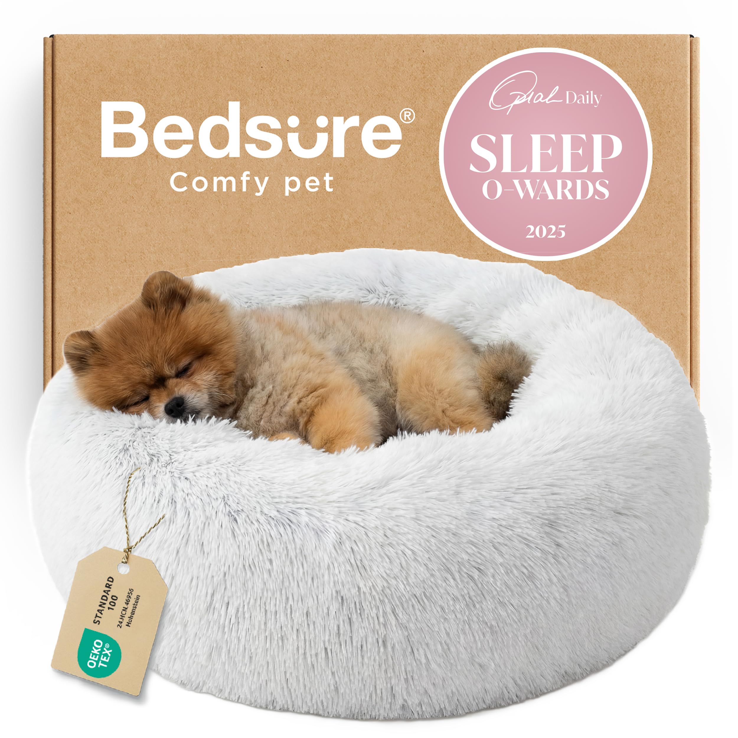Bedsure Calming Dog Bed for Small Dogs - Donut Washable Small Puppy Bed, 23 inches Anti-Slip Round Fluffy Plush Faux Fur Large Cat Bed, Fits up to 25 lbs Pets, Camel