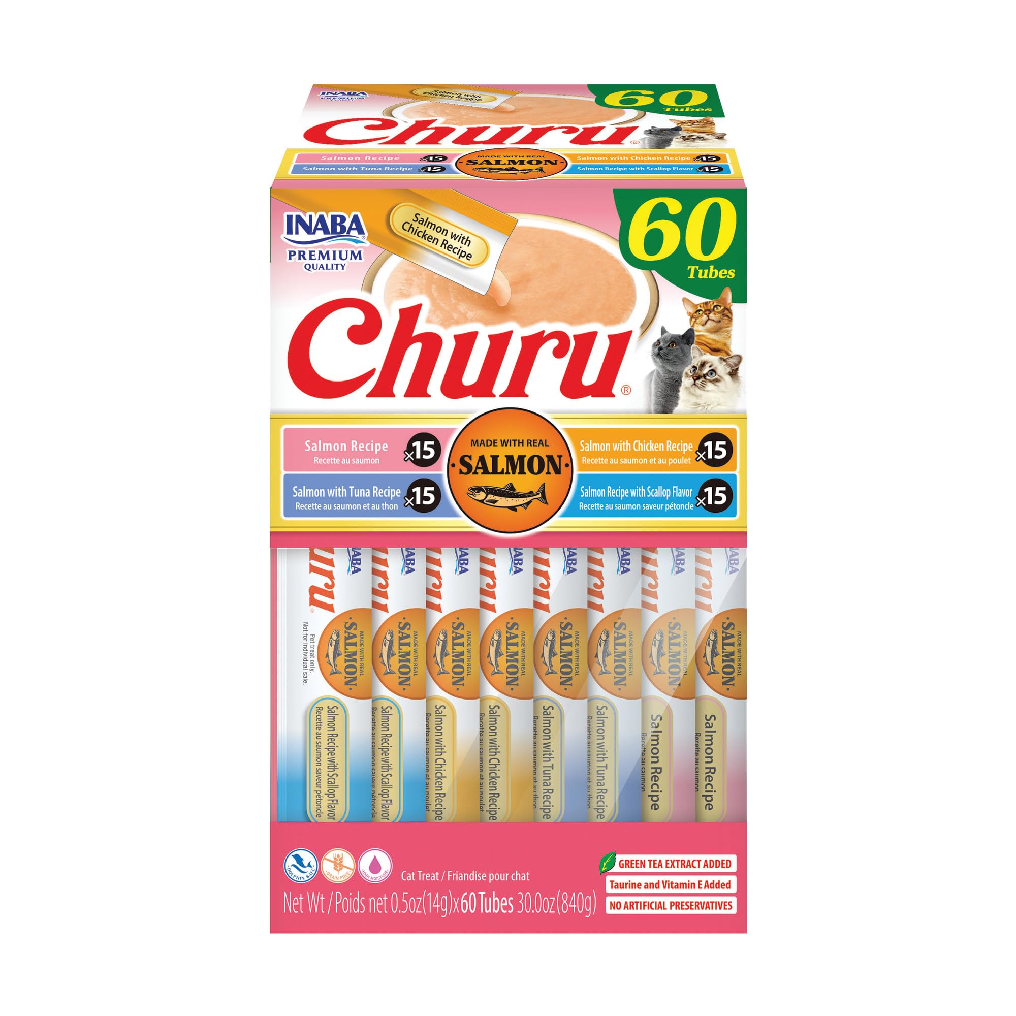 INABA Churu Cat Treats, Grain-Free, Lickable, Squeezable Creamy Purée Cat Treat/Topper with Vitamin E & Taurine, 0.5 Ounces Each Tube, 50 Tubes, Tuna & Chicken Variety