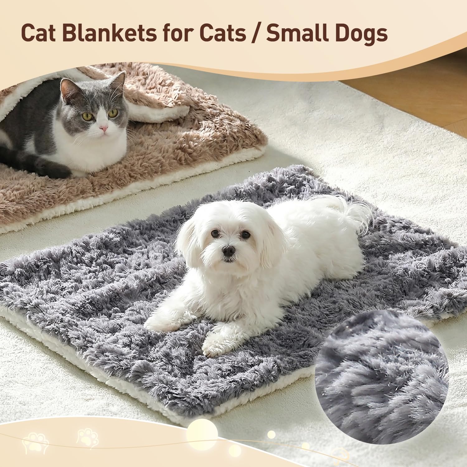 Cat Blanket for Indoor Cats - Ultra Thick 460GSM Faux Rabbit Fur & 260GSM Sherpa, Small Pet Throw for Carrier, Crate & Couch Protection, Soft Thermal Kitten Bedding, 21"x18" Grey