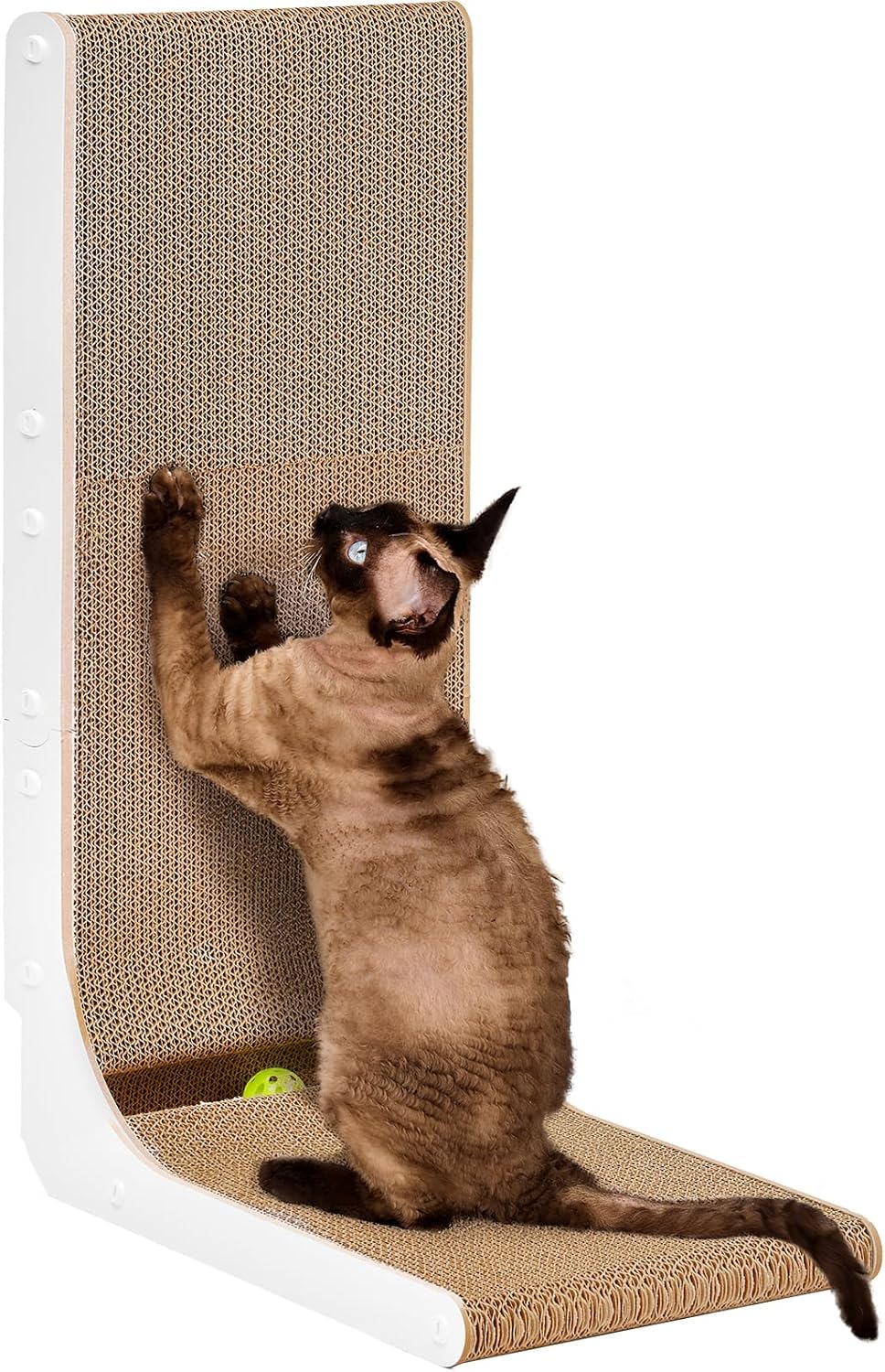 EHEYCIGA Cardboard Cat Scratcher for Indoor Cats, 26.8 Inch L Shaped Vertical Cat Scratching Board with Ball Cat Toy, Large Cat Scratcher Pad, Brown