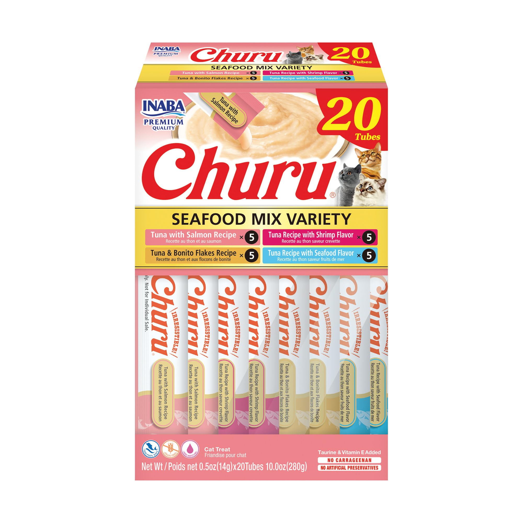 INABA Churu Cat Treats, Grain-Free, Lickable, Squeezable Creamy Purée Cat Treat/Topper with Vitamin E & Taurine, 0.5 Ounces Each Tube, 50 Tubes, Tuna & Chicken Variety