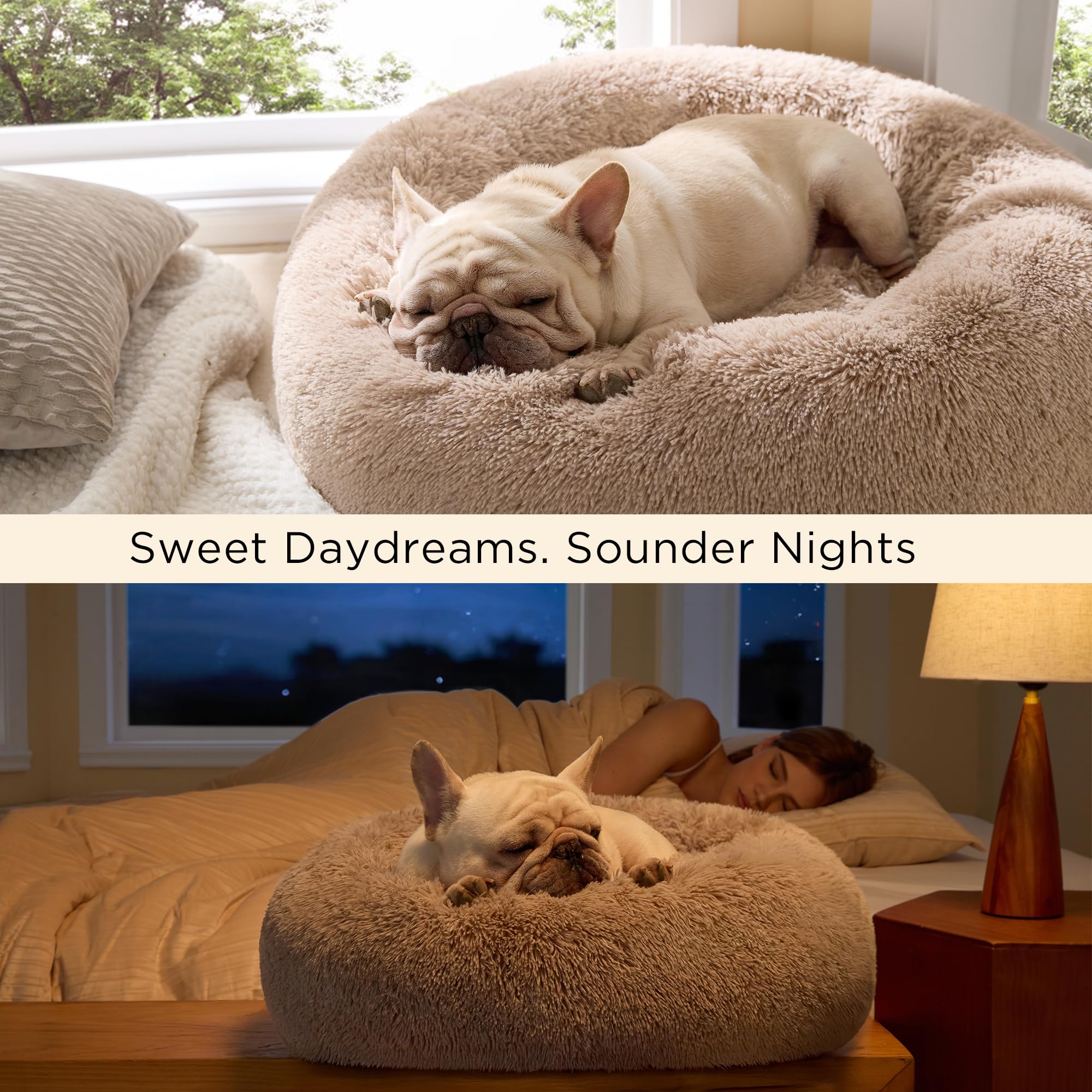 Bedsure Calming Dog Bed for Small Dogs - Donut Washable Small Puppy Bed, 23 inches Anti-Slip Round Fluffy Plush Faux Fur Large Cat Bed, Fits up to 25 lbs Pets, Camel