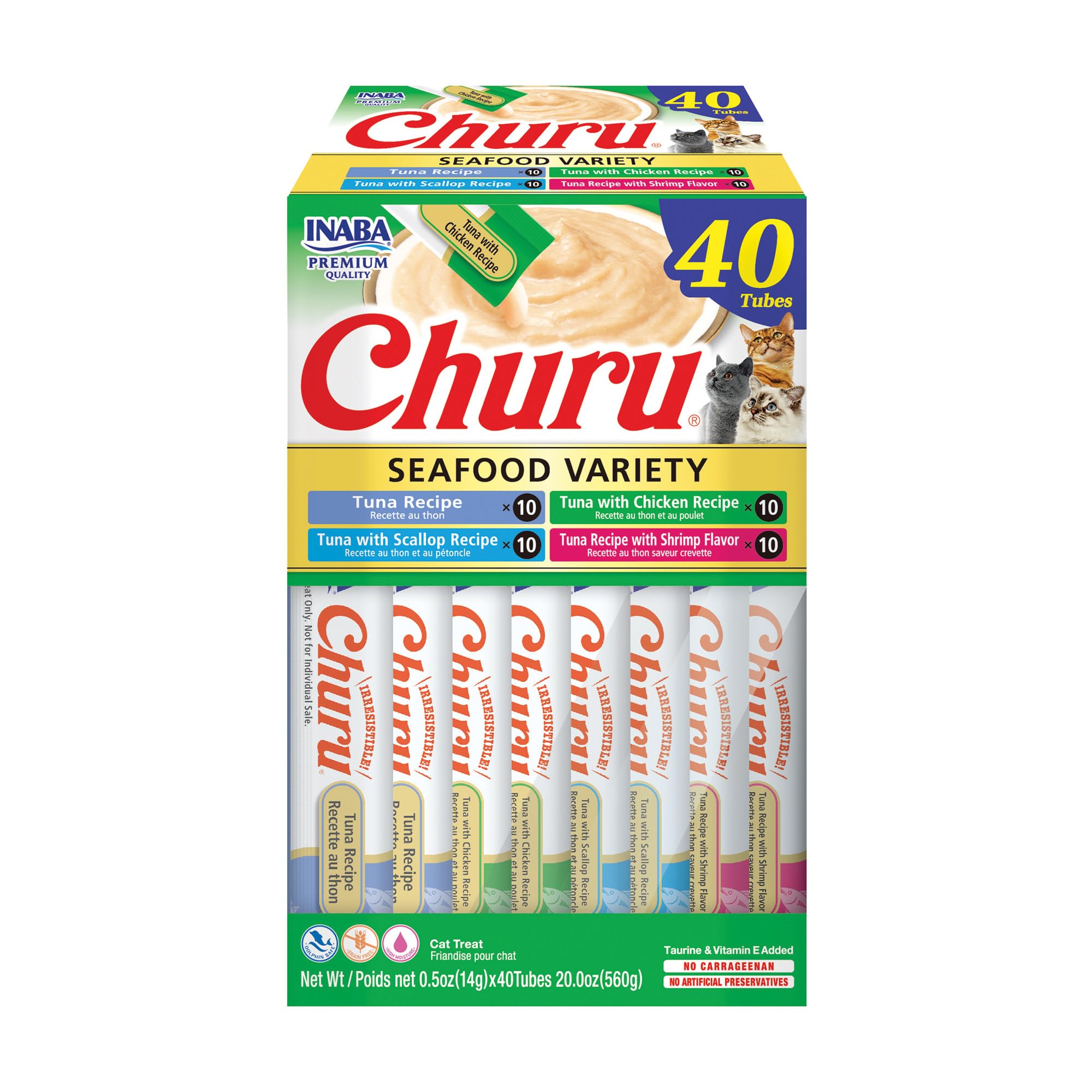 INABA Churu Cat Treats, Grain-Free, Lickable, Squeezable Creamy Purée Cat Treat/Topper with Vitamin E & Taurine, 0.5 Ounces Each Tube, 50 Tubes, Tuna & Chicken Variety
