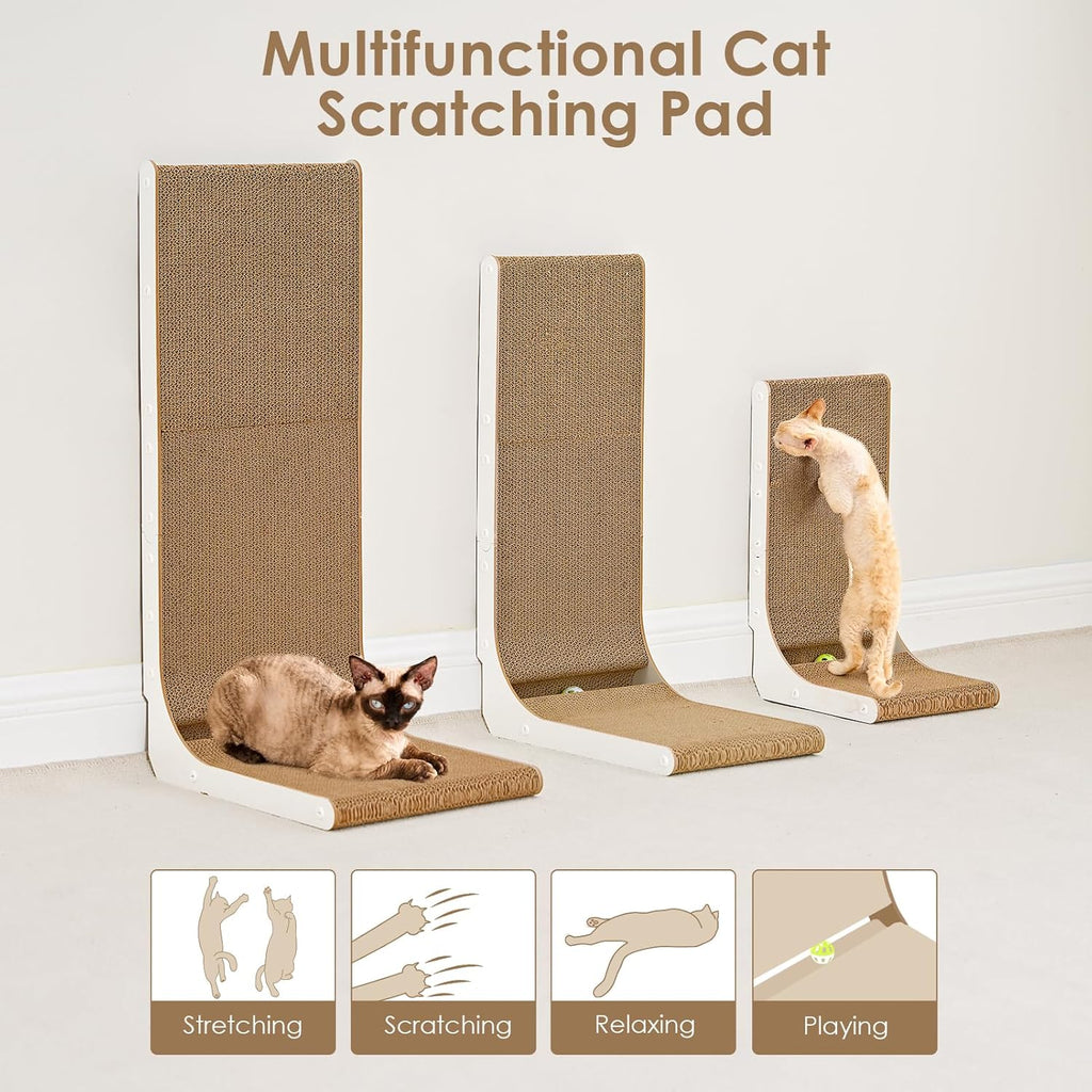 EHEYCIGA Cardboard Cat Scratcher for Indoor Cats, 26.8 Inch L Shaped Vertical Cat Scratching Board with Ball Cat Toy, Large Cat Scratcher Pad, Brown