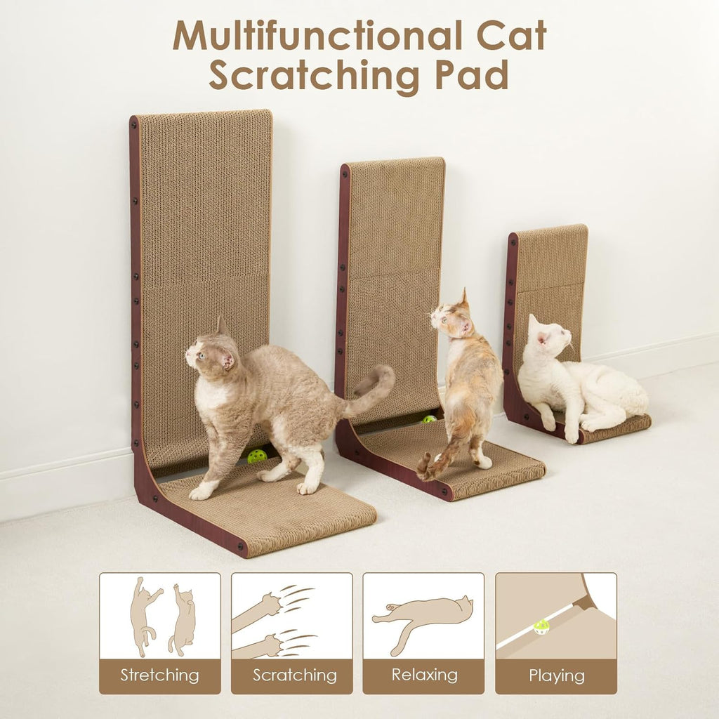EHEYCIGA Cardboard Cat Scratcher for Indoor Cats, 26.8 Inch L Shaped Vertical Cat Scratching Board with Ball Cat Toy, Large Cat Scratcher Pad, Brown