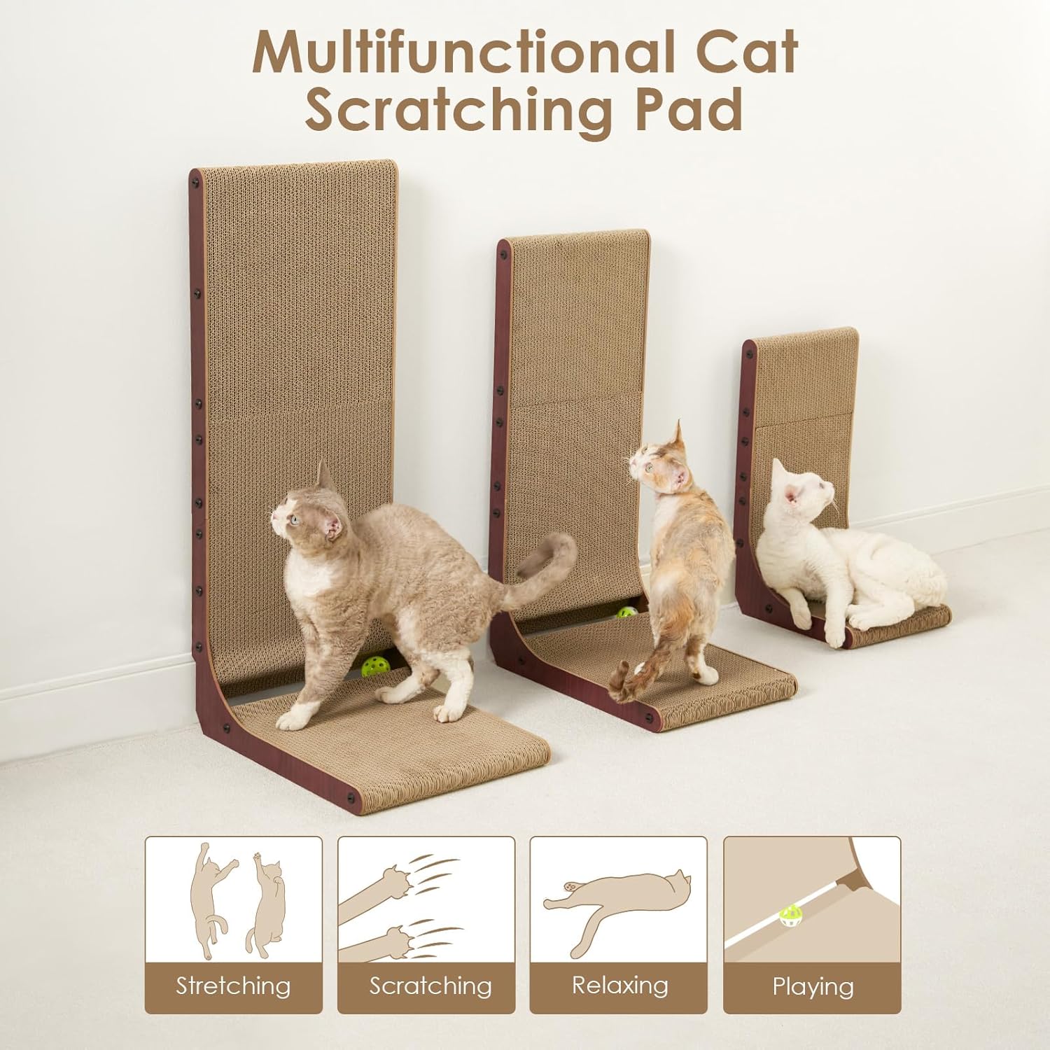 EHEYCIGA Cardboard Cat Scratcher for Indoor Cats, 26.8 Inch L Shaped Vertical Cat Scratching Board with Ball Cat Toy, Large Cat Scratcher Pad, Brown