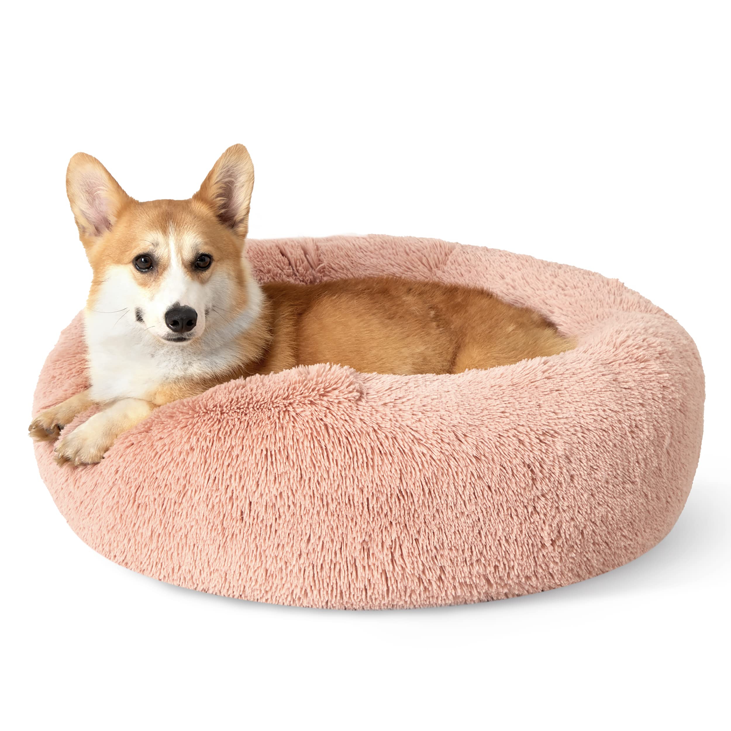 Bedsure Calming Dog Bed for Small Dogs - Donut Washable Small Puppy Bed, 23 inches Anti-Slip Round Fluffy Plush Faux Fur Large Cat Bed, Fits up to 25 lbs Pets, Camel
