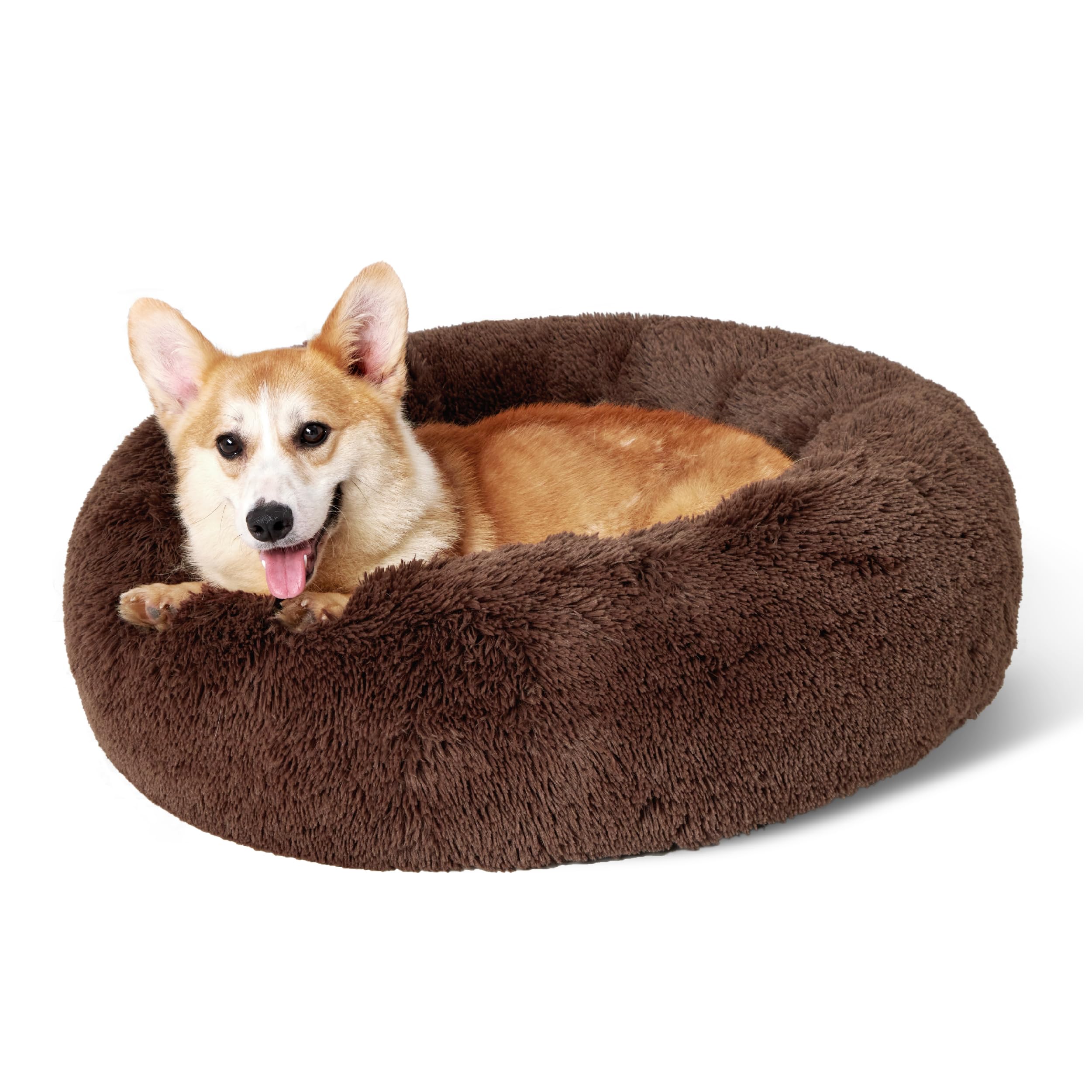 Bedsure Calming Dog Bed for Small Dogs - Donut Washable Small Puppy Bed, 23 inches Anti-Slip Round Fluffy Plush Faux Fur Large Cat Bed, Fits up to 25 lbs Pets, Camel