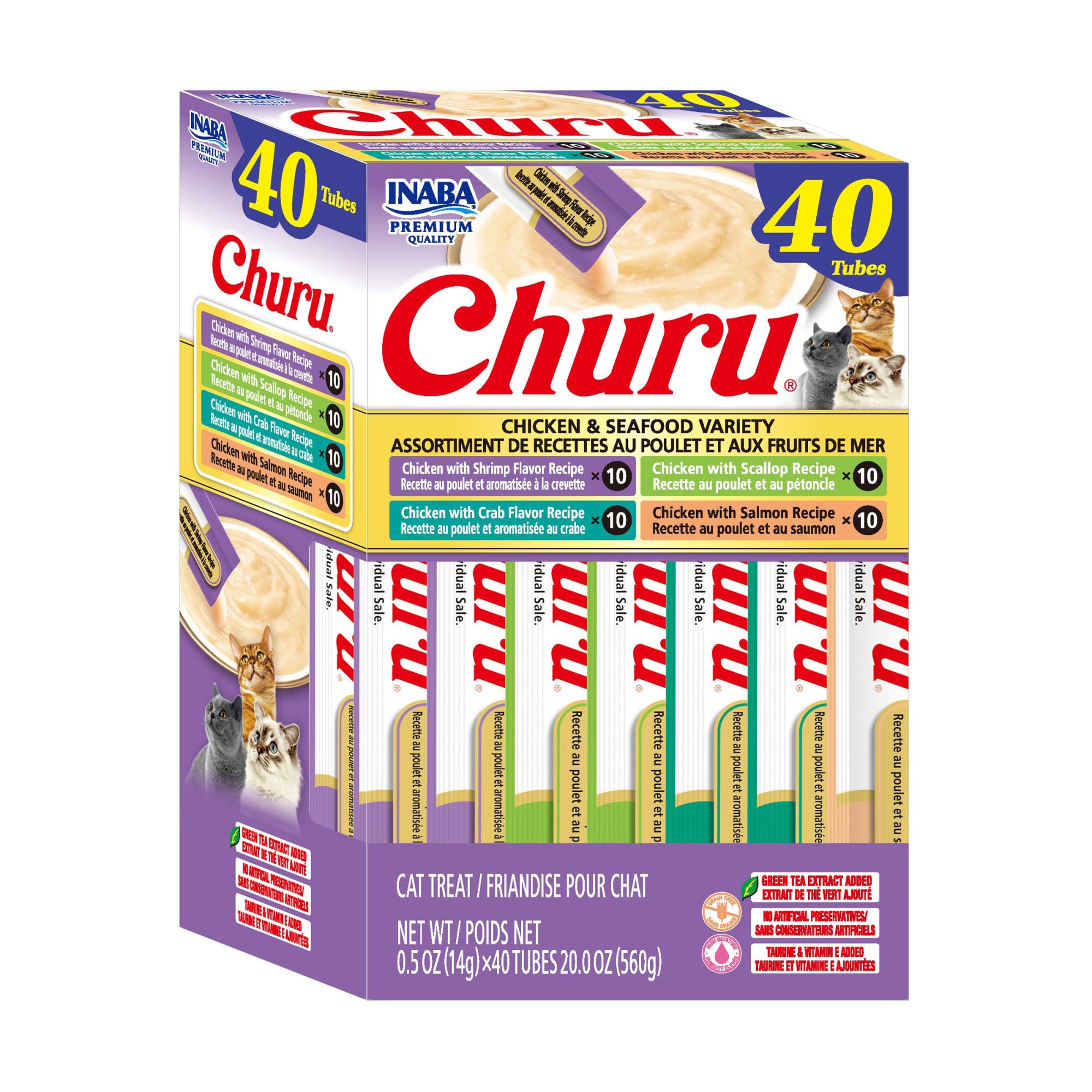 INABA Churu Cat Treats, Grain-Free, Lickable, Squeezable Creamy Purée Cat Treat/Topper with Vitamin E & Taurine, 0.5 Ounces Each Tube, 50 Tubes, Tuna & Chicken Variety