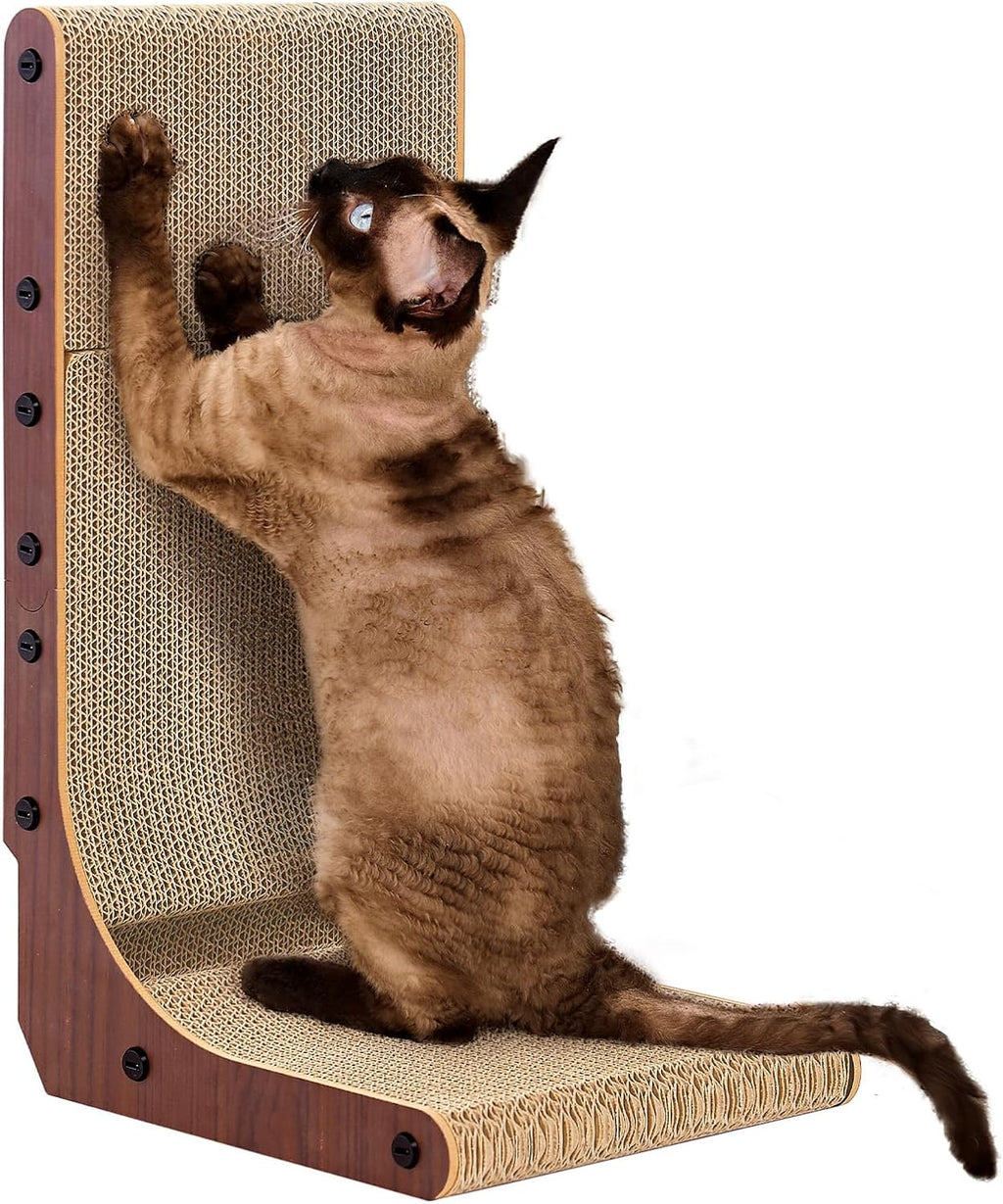 EHEYCIGA Cardboard Cat Scratcher for Indoor Cats, 26.8 Inch L Shaped Vertical Cat Scratching Board with Ball Cat Toy, Large Cat Scratcher Pad, Brown