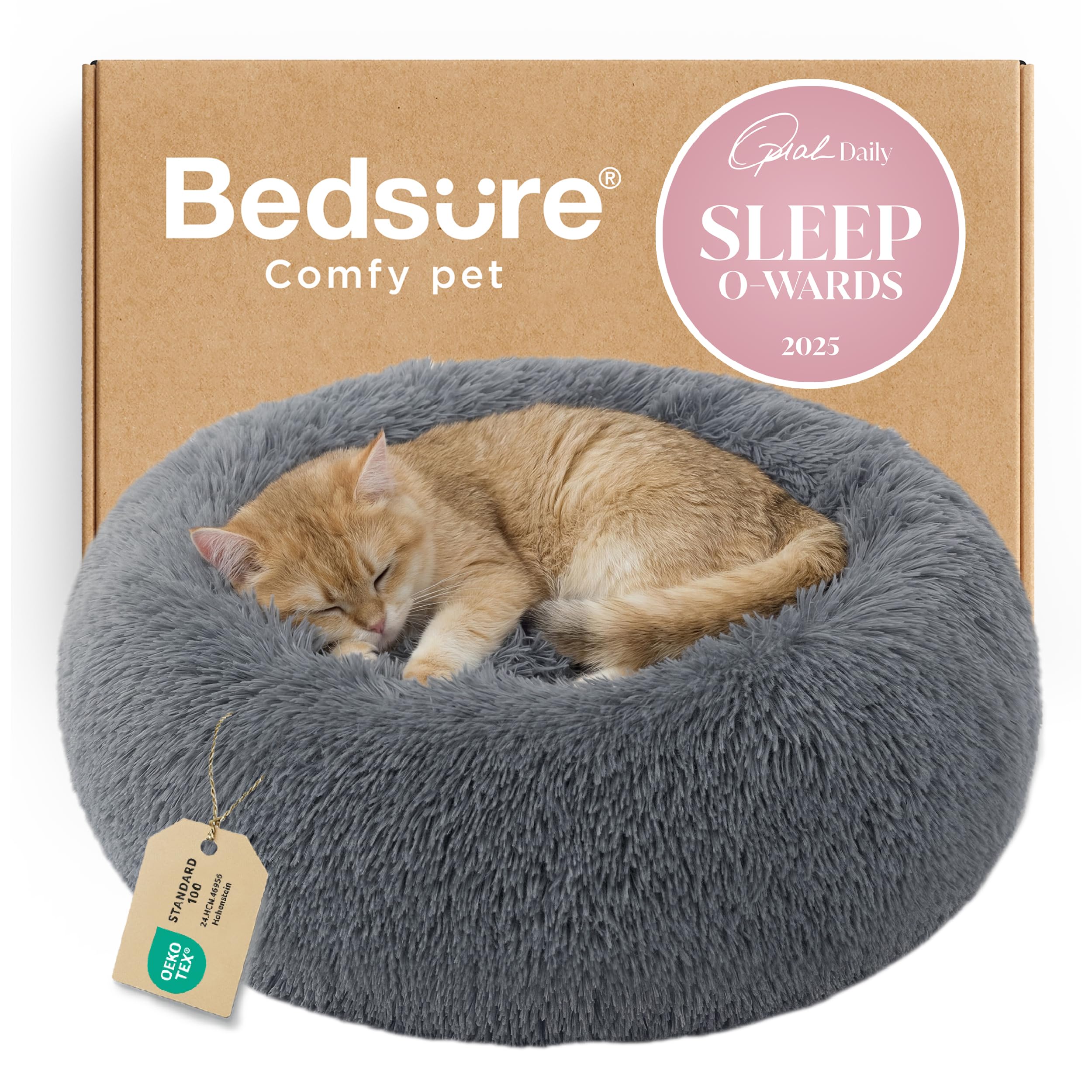 Bedsure Calming Dog Bed for Small Dogs - Donut Washable Small Puppy Bed, 23 inches Anti-Slip Round Fluffy Plush Faux Fur Large Cat Bed, Fits up to 25 lbs Pets, Camel