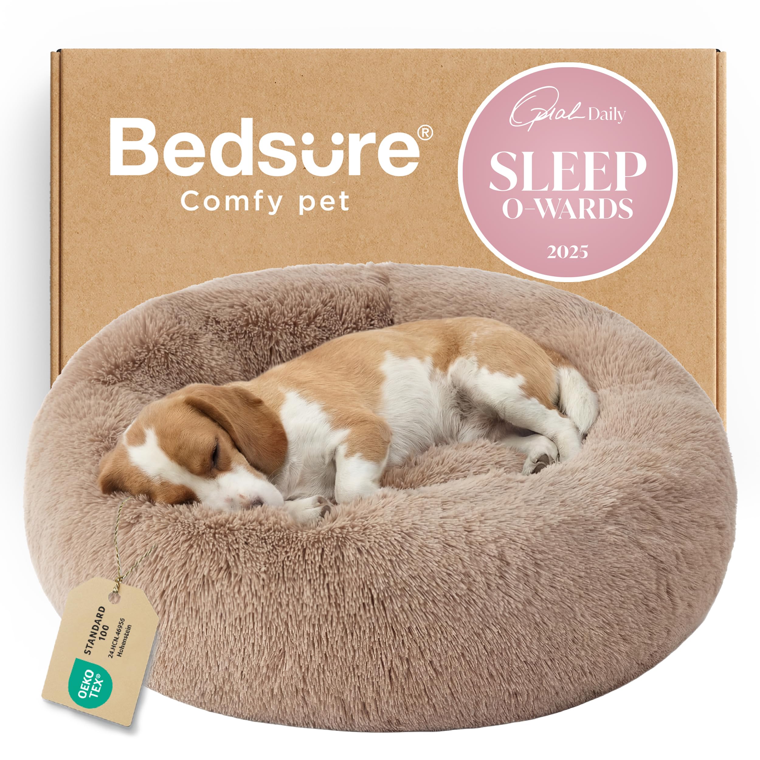 Bedsure Calming Dog Bed for Small Dogs - Donut Washable Small Puppy Bed, 23 inches Anti-Slip Round Fluffy Plush Faux Fur Large Cat Bed, Fits up to 25 lbs Pets, Camel