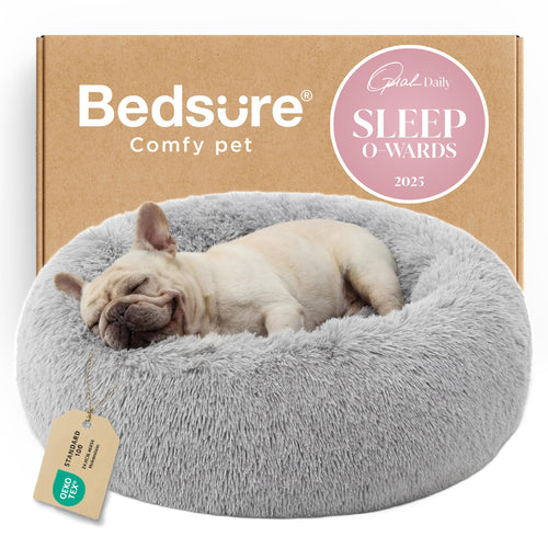 Bedsure Calming Dog Bed for Small Dogs - Donut Washable Small Puppy Bed, 23 inches Anti-Slip Round Fluffy Plush Faux Fur Large Cat Bed, Fits up to 25 lbs Pets, Camel