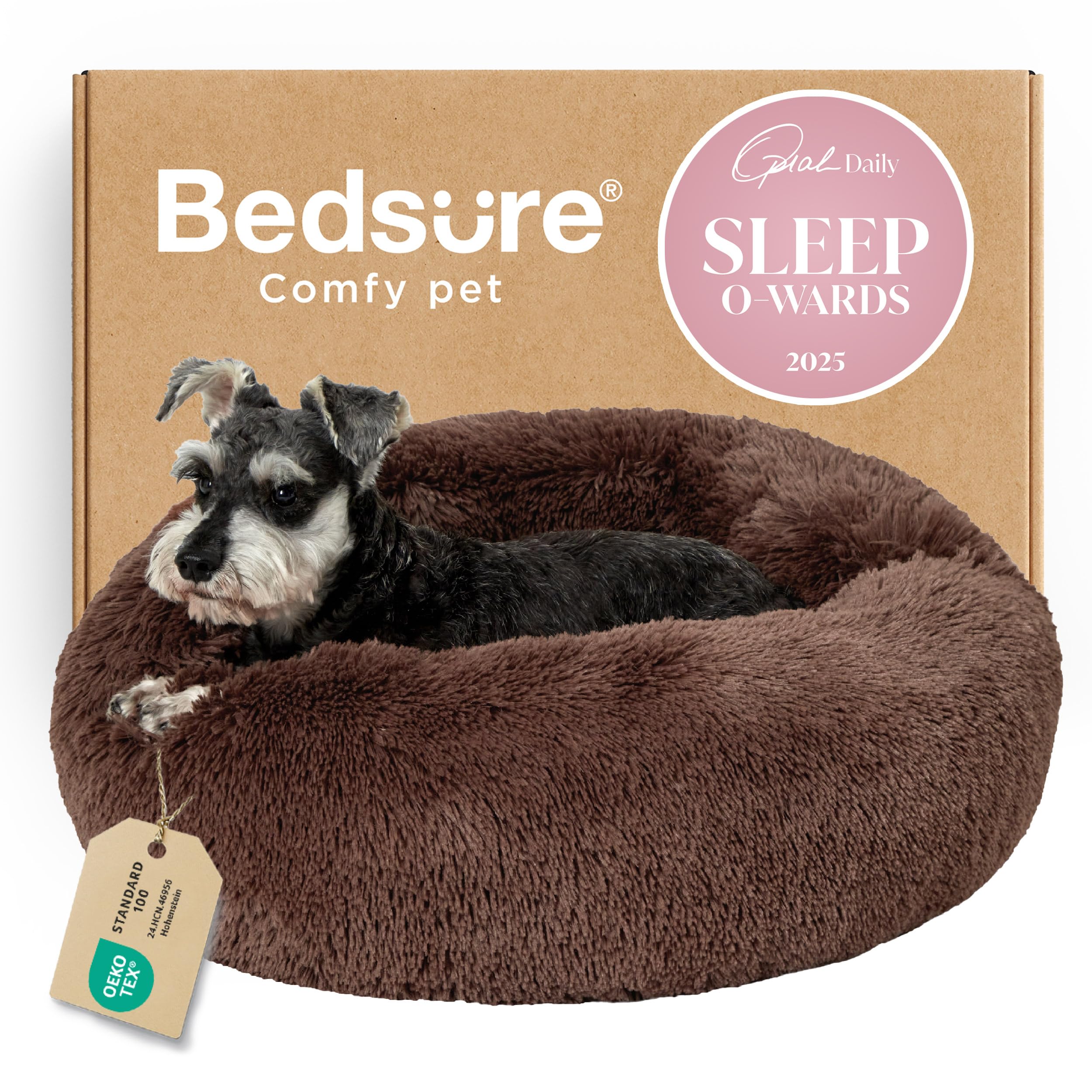 Bedsure Calming Dog Bed for Small Dogs - Donut Washable Small Puppy Bed, 23 inches Anti-Slip Round Fluffy Plush Faux Fur Large Cat Bed, Fits up to 25 lbs Pets, Camel
