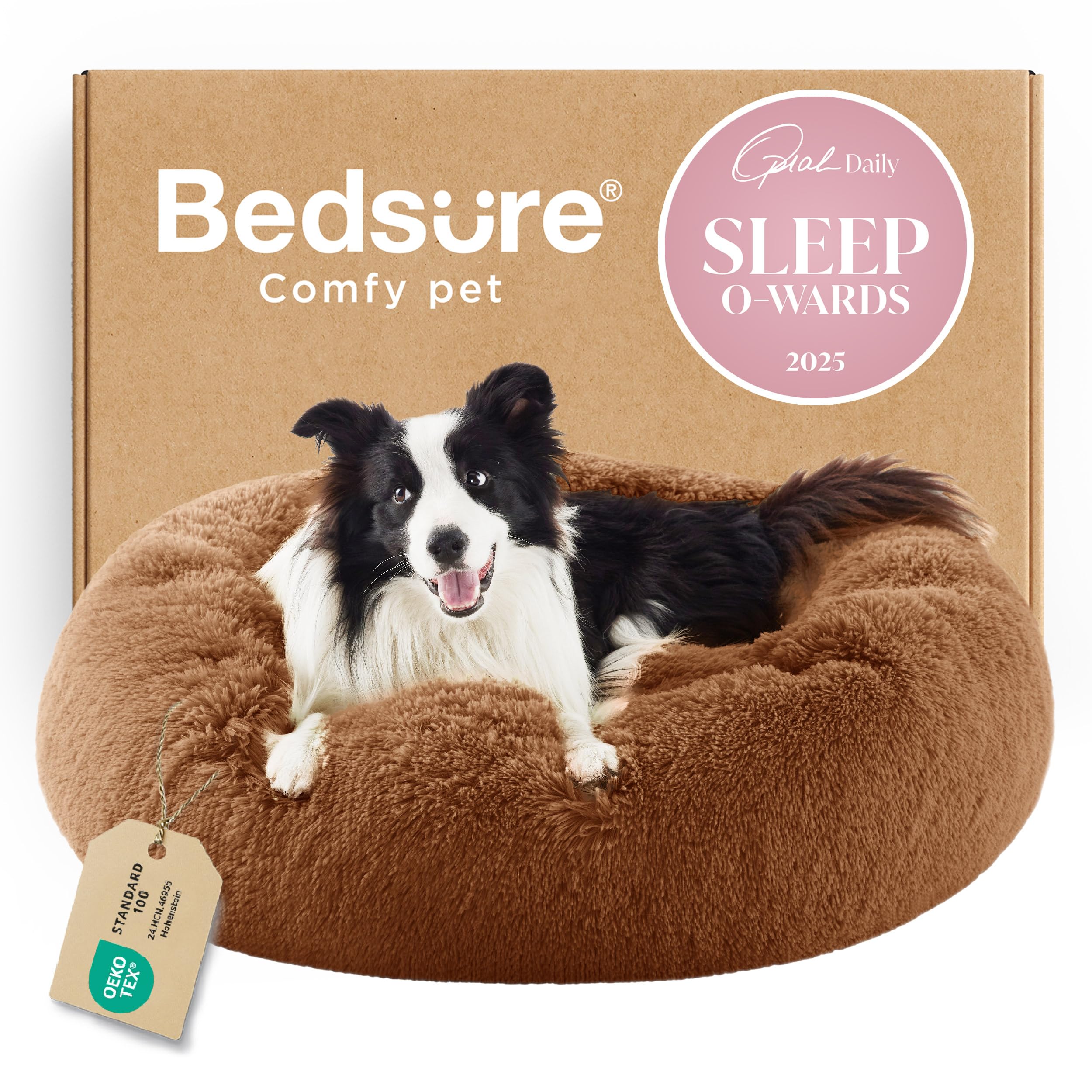 Bedsure Calming Dog Bed for Small Dogs - Donut Washable Small Puppy Bed, 23 inches Anti-Slip Round Fluffy Plush Faux Fur Large Cat Bed, Fits up to 25 lbs Pets, Camel