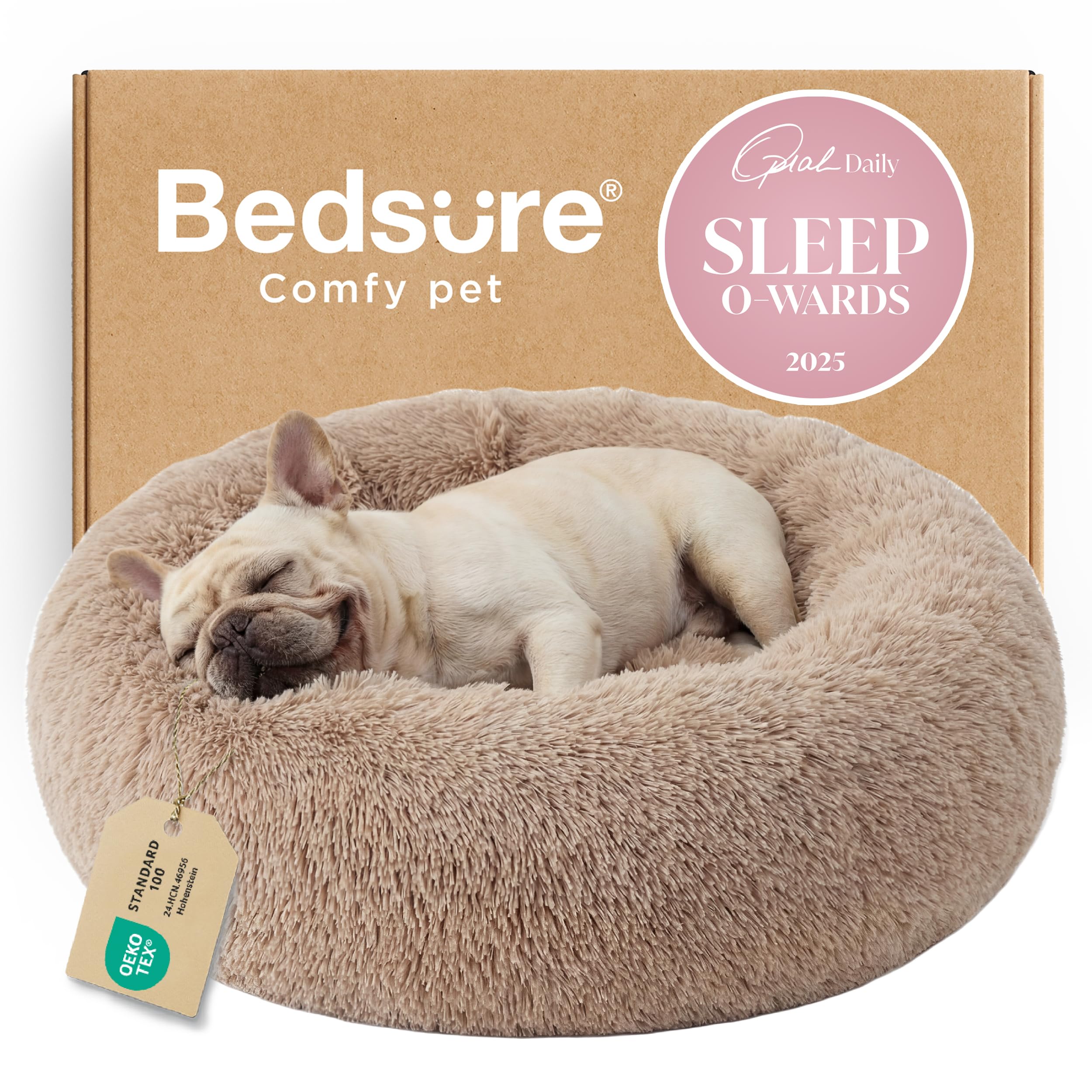 Bedsure Calming Dog Bed for Small Dogs - Donut Washable Small Puppy Bed, 23 inches Anti-Slip Round Fluffy Plush Faux Fur Large Cat Bed, Fits up to 25 lbs Pets, Camel