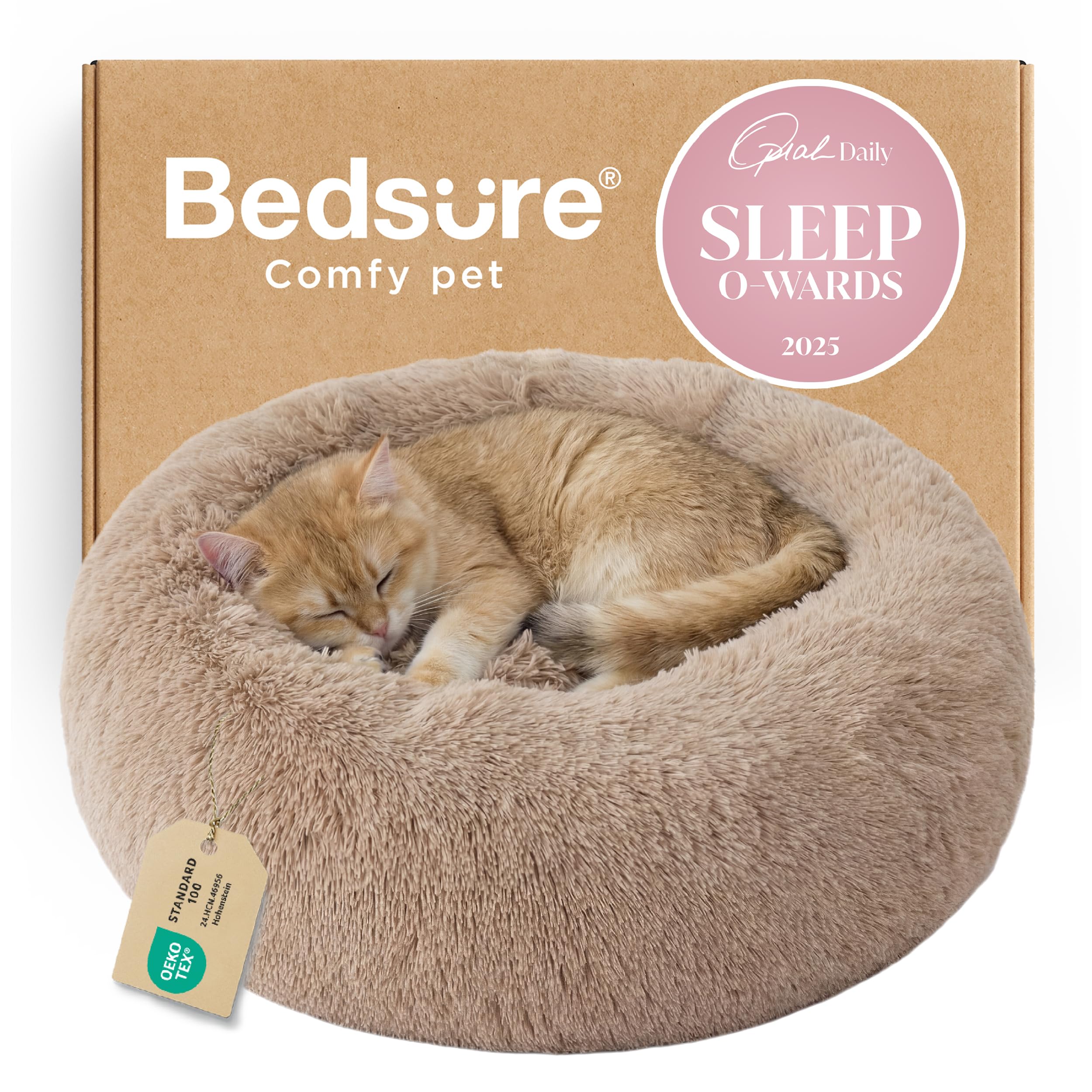 Bedsure Calming Dog Bed for Small Dogs - Donut Washable Small Puppy Bed, 23 inches Anti-Slip Round Fluffy Plush Faux Fur Large Cat Bed, Fits up to 25 lbs Pets, Camel