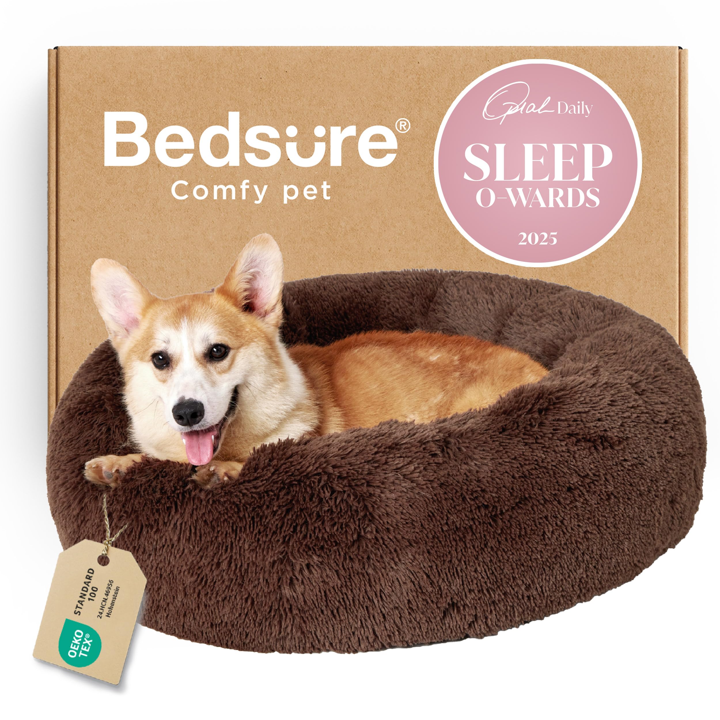 Bedsure Calming Dog Bed for Small Dogs - Donut Washable Small Puppy Bed, 23 inches Anti-Slip Round Fluffy Plush Faux Fur Large Cat Bed, Fits up to 25 lbs Pets, Camel