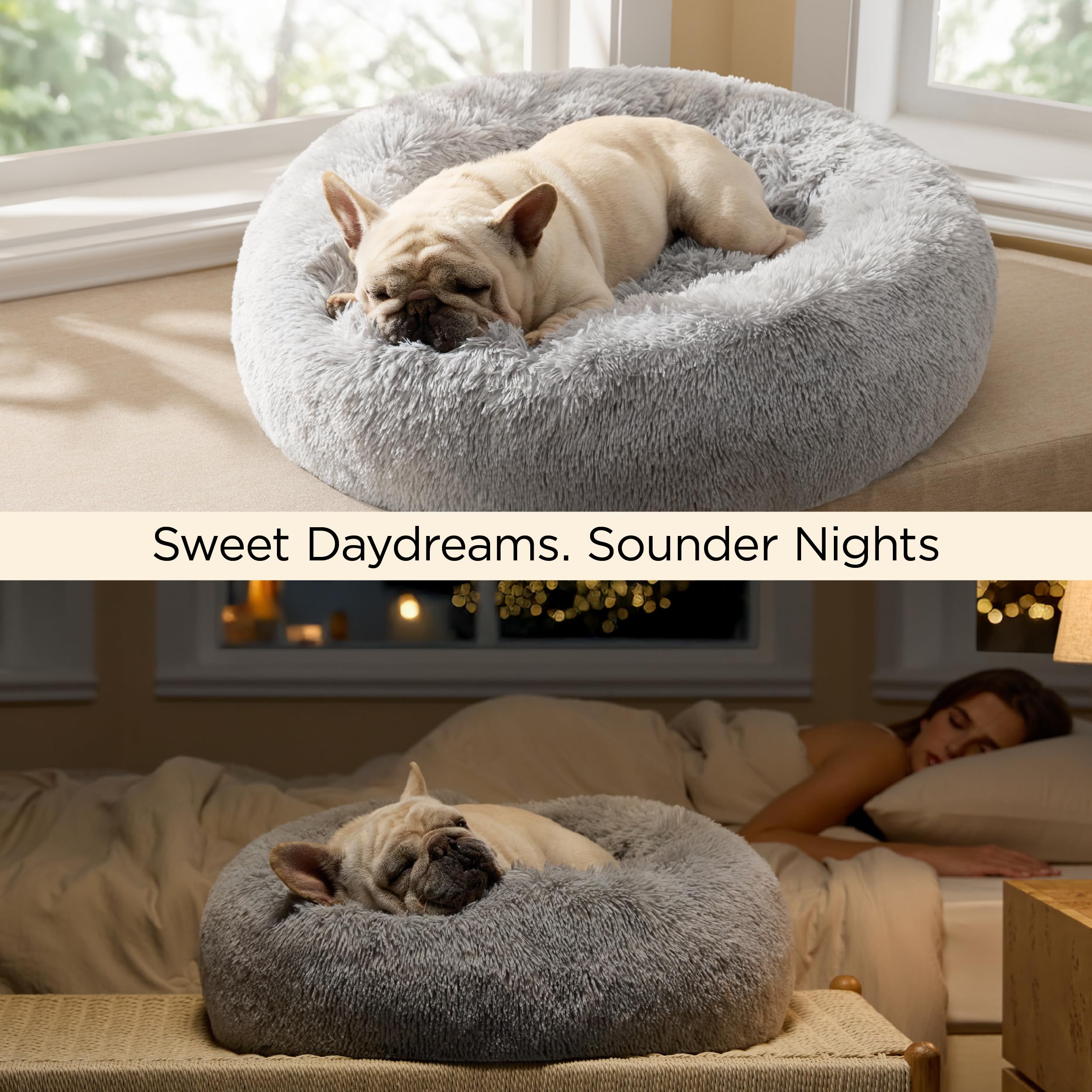 Bedsure Calming Dog Bed for Small Dogs - Donut Washable Small Puppy Bed, 23 inches Anti-Slip Round Fluffy Plush Faux Fur Large Cat Bed, Fits up to 25 lbs Pets, Camel