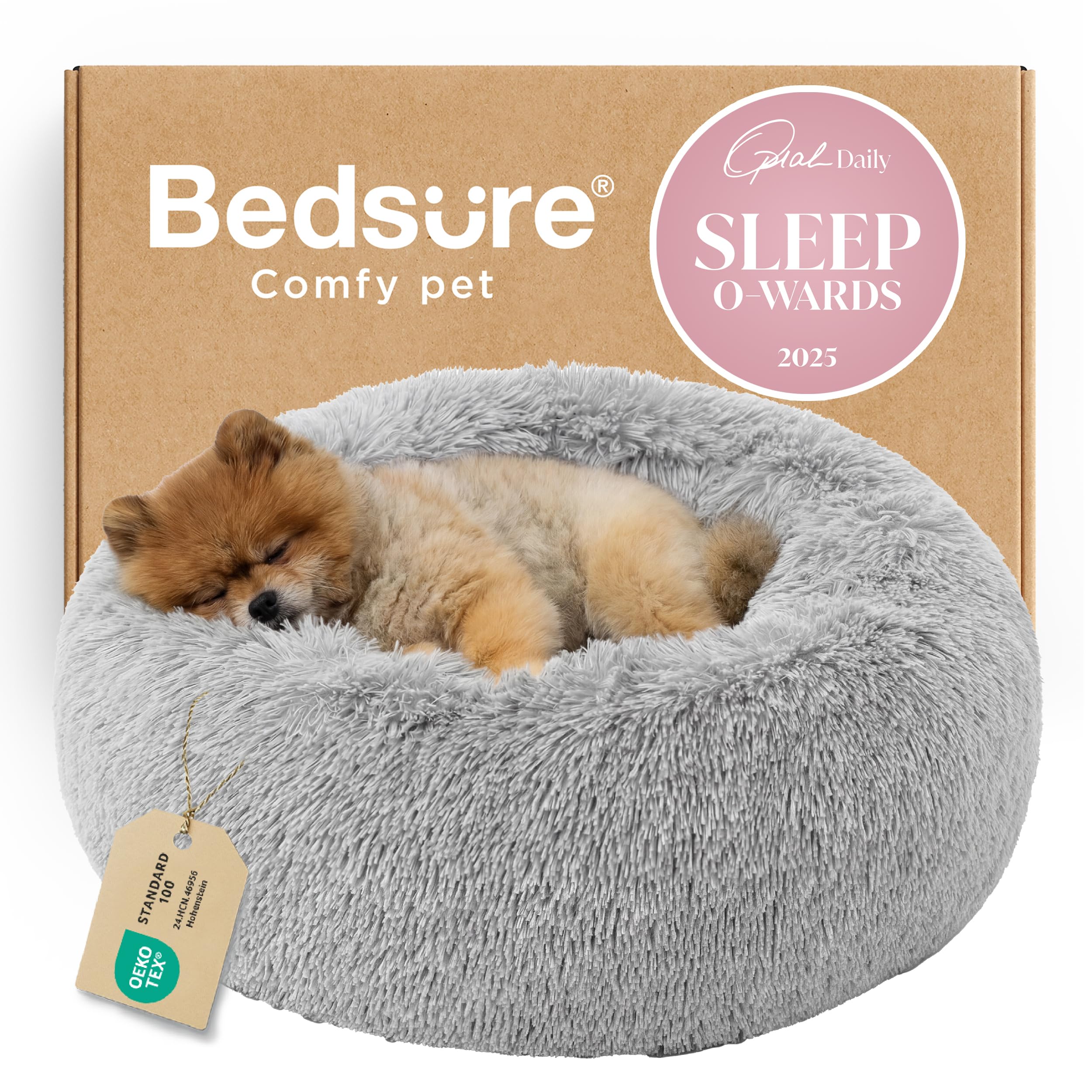 Bedsure Calming Dog Bed for Small Dogs - Donut Washable Small Puppy Bed, 23 inches Anti-Slip Round Fluffy Plush Faux Fur Large Cat Bed, Fits up to 25 lbs Pets, Camel