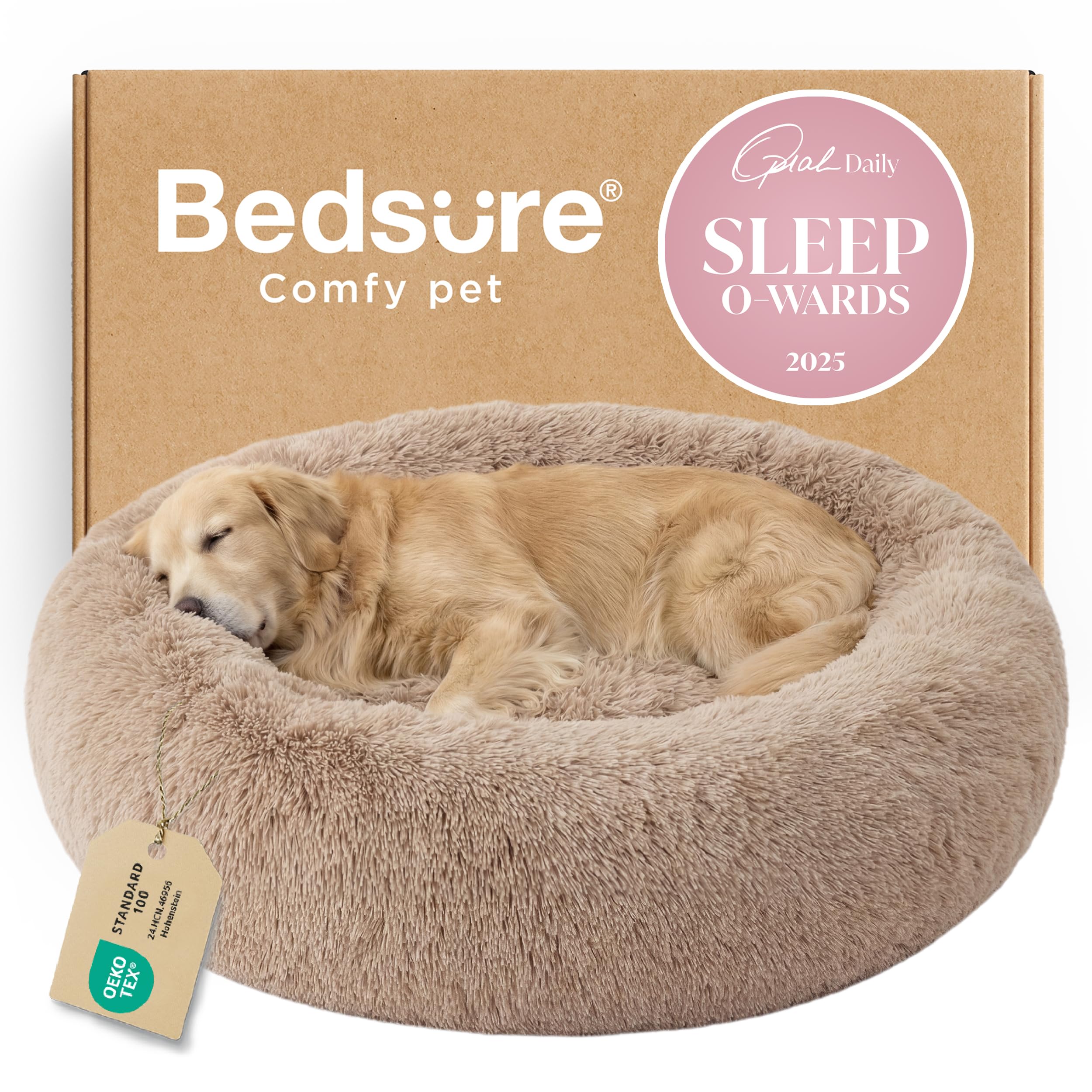 Bedsure Calming Dog Bed for Small Dogs - Donut Washable Small Puppy Bed, 23 inches Anti-Slip Round Fluffy Plush Faux Fur Large Cat Bed, Fits up to 25 lbs Pets, Camel