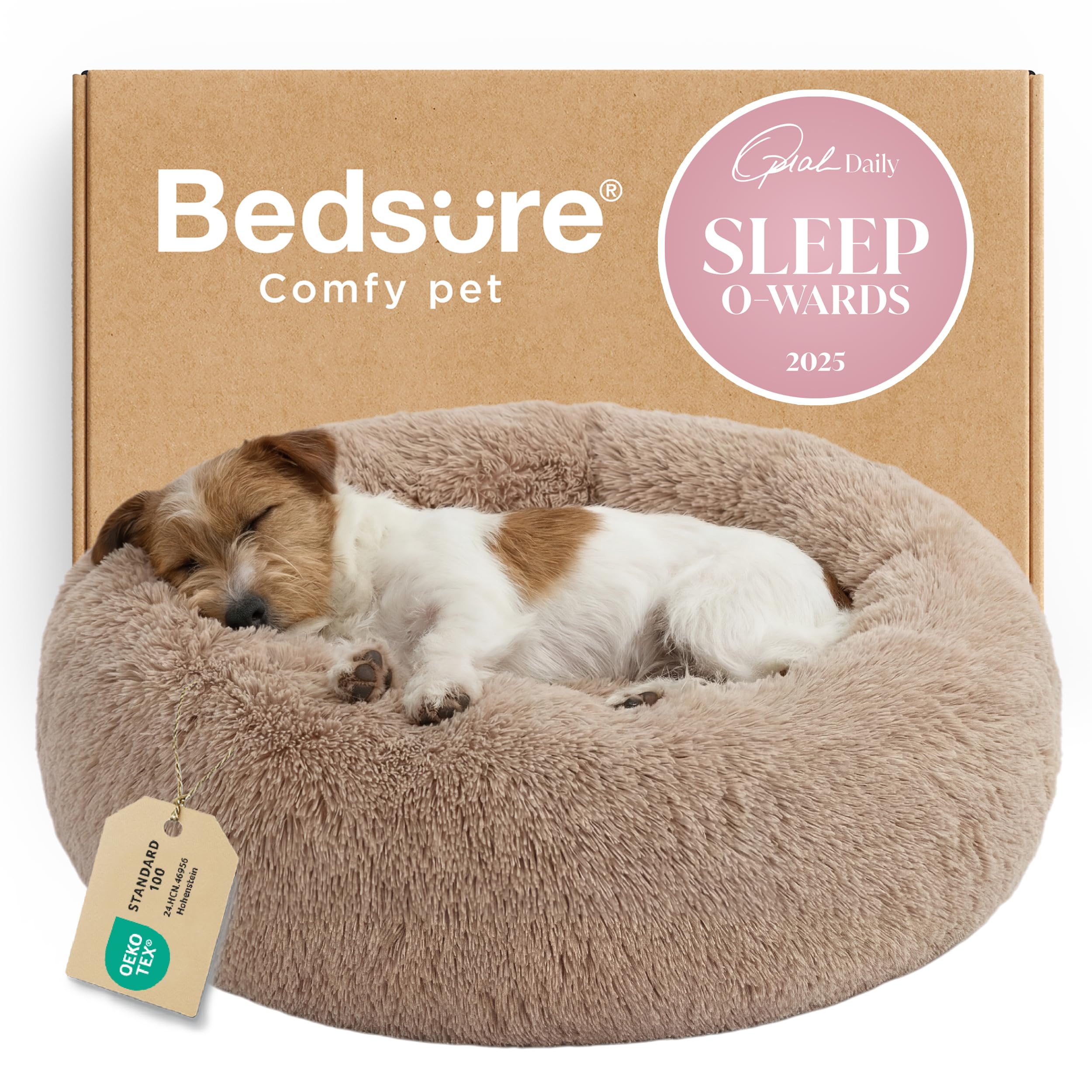 Bedsure Calming Dog Bed for Small Dogs - Donut Washable Small Puppy Bed, 23 inches Anti-Slip Round Fluffy Plush Faux Fur Large Cat Bed, Fits up to 25 lbs Pets, Camel