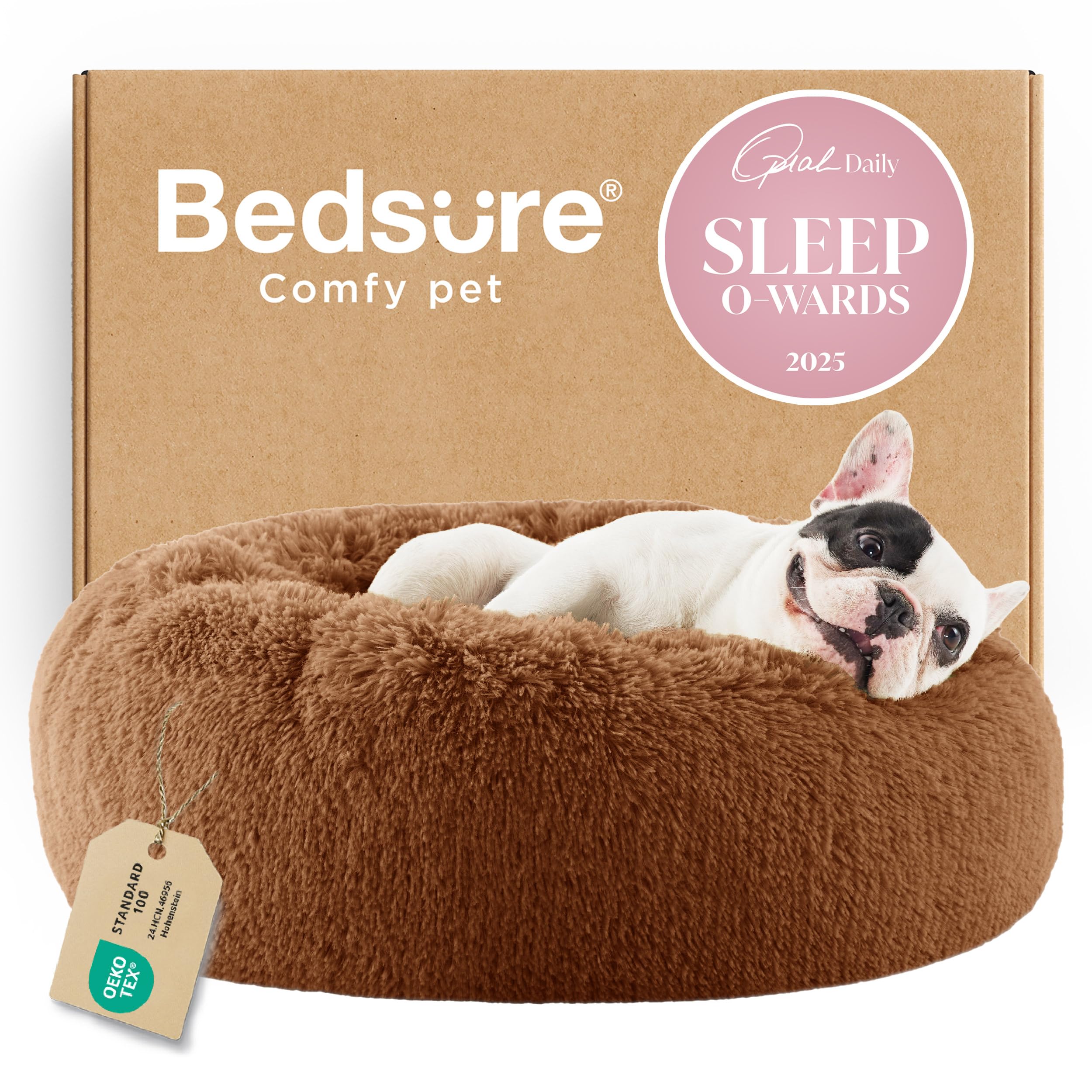 Bedsure Calming Dog Bed for Small Dogs - Donut Washable Small Puppy Bed, 23 inches Anti-Slip Round Fluffy Plush Faux Fur Large Cat Bed, Fits up to 25 lbs Pets, Camel
