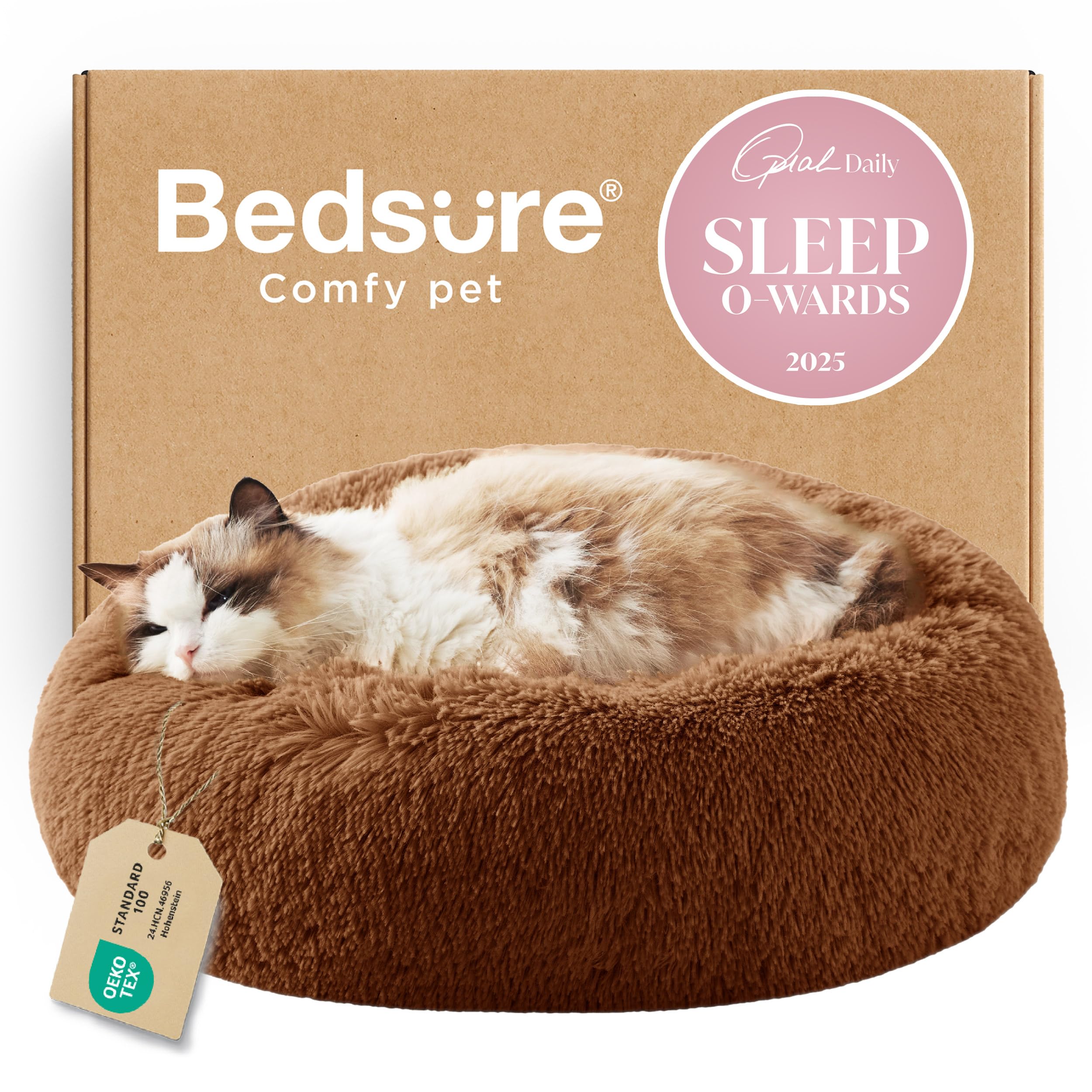 Bedsure Calming Dog Bed for Small Dogs - Donut Washable Small Puppy Bed, 23 inches Anti-Slip Round Fluffy Plush Faux Fur Large Cat Bed, Fits up to 25 lbs Pets, Camel