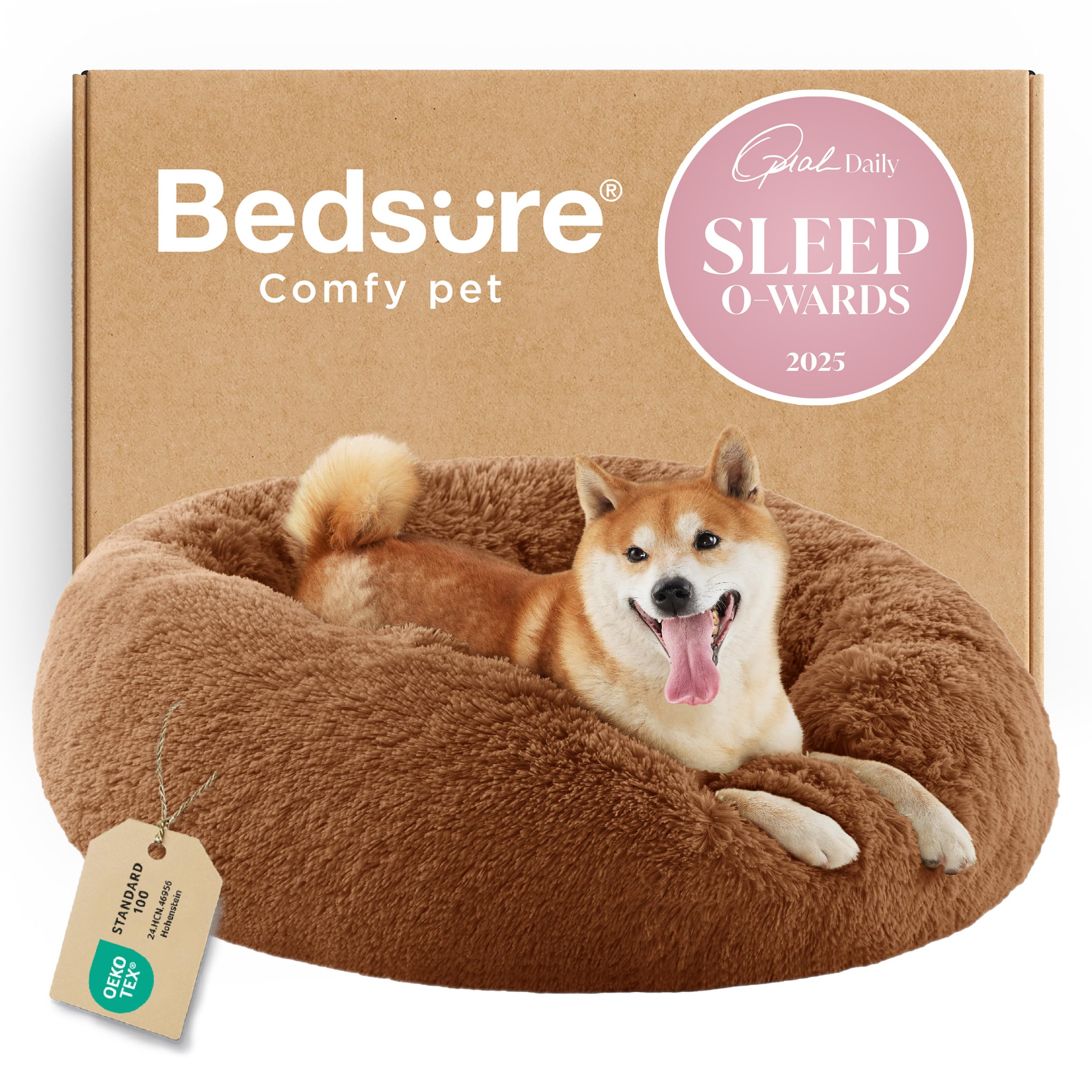 Bedsure Calming Dog Bed for Small Dogs - Donut Washable Small Puppy Bed, 23 inches Anti-Slip Round Fluffy Plush Faux Fur Large Cat Bed, Fits up to 25 lbs Pets, Camel