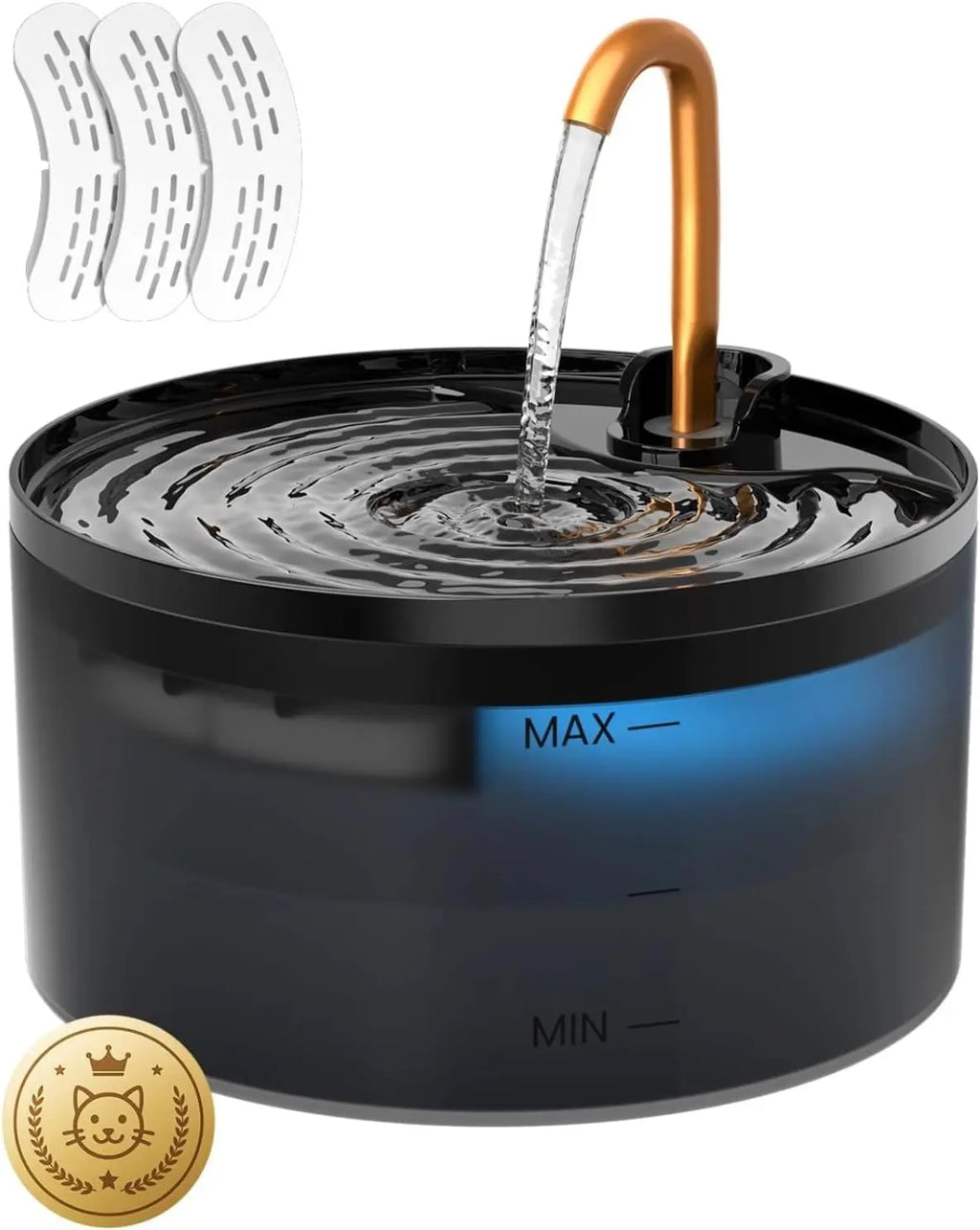 MISFANS Silent Cat Water Fountain 2.1L Pet Water Fountain Ultra-Quiet Copper Spout Night Light 6-Layer Filter Soft Blue LED Automatic Gravity Feeder|Wired Plug-In Model