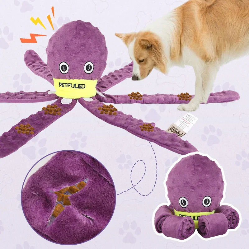 Purple & Blueplush Octopus Dog Toy with Squeaker - Interactive Chew Toy for Medium Dogs, Hide Treats,