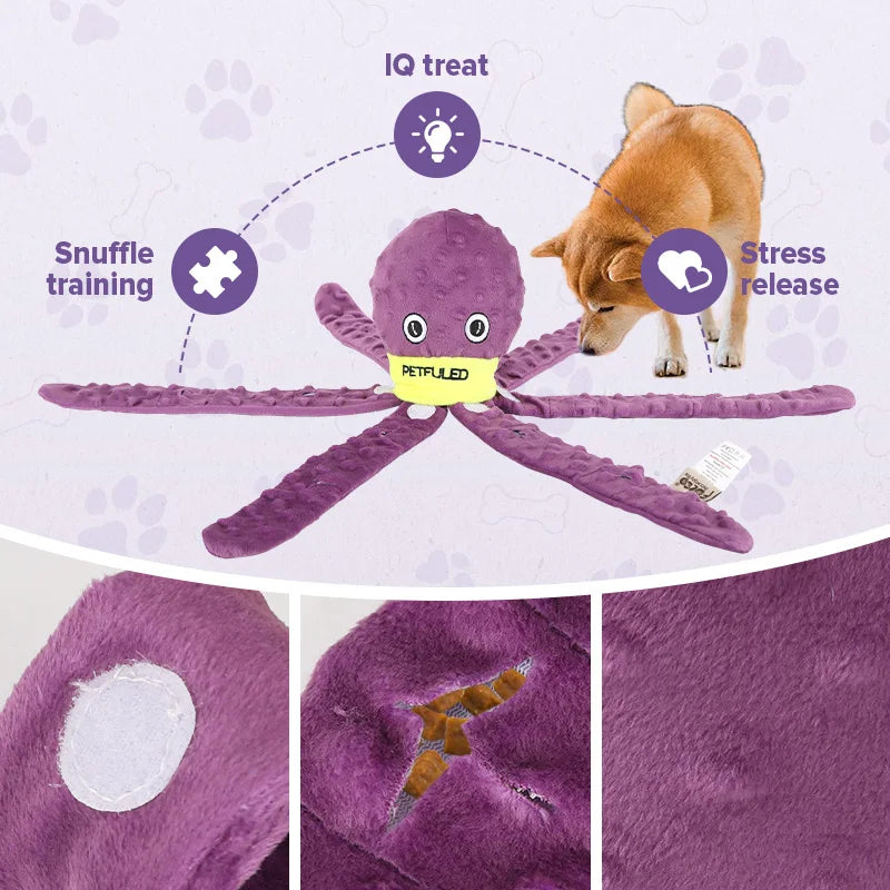 Purple & Blueplush Octopus Dog Toy with Squeaker - Interactive Chew Toy for Medium Dogs, Hide Treats,