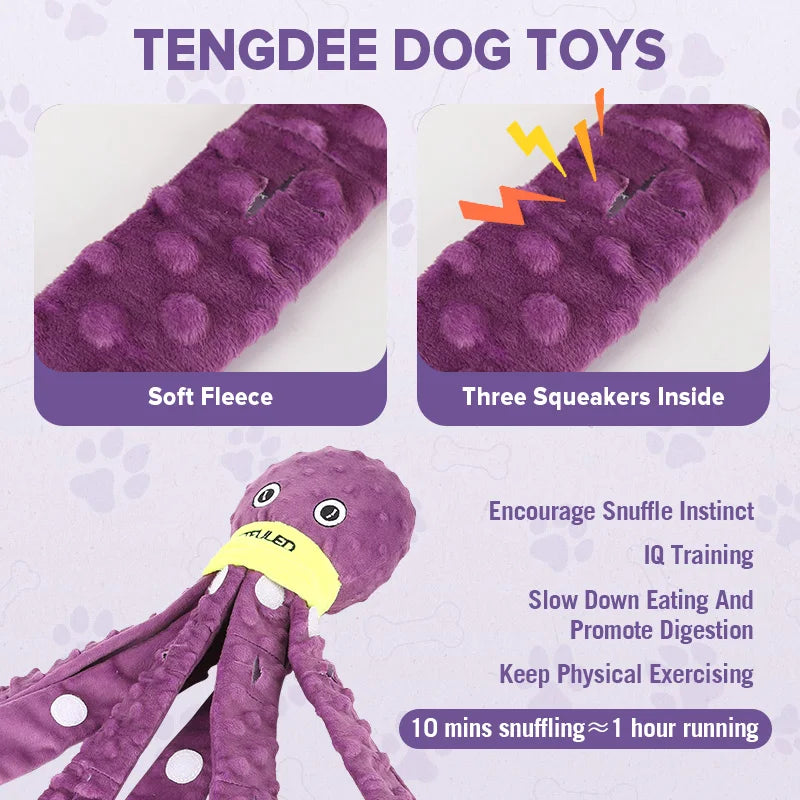 Purple & Blueplush Octopus Dog Toy with Squeaker - Interactive Chew Toy for Medium Dogs, Hide Treats,