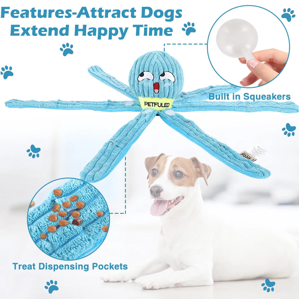 Purple & Blueplush Octopus Dog Toy with Squeaker - Interactive Chew Toy for Medium Dogs, Hide Treats,