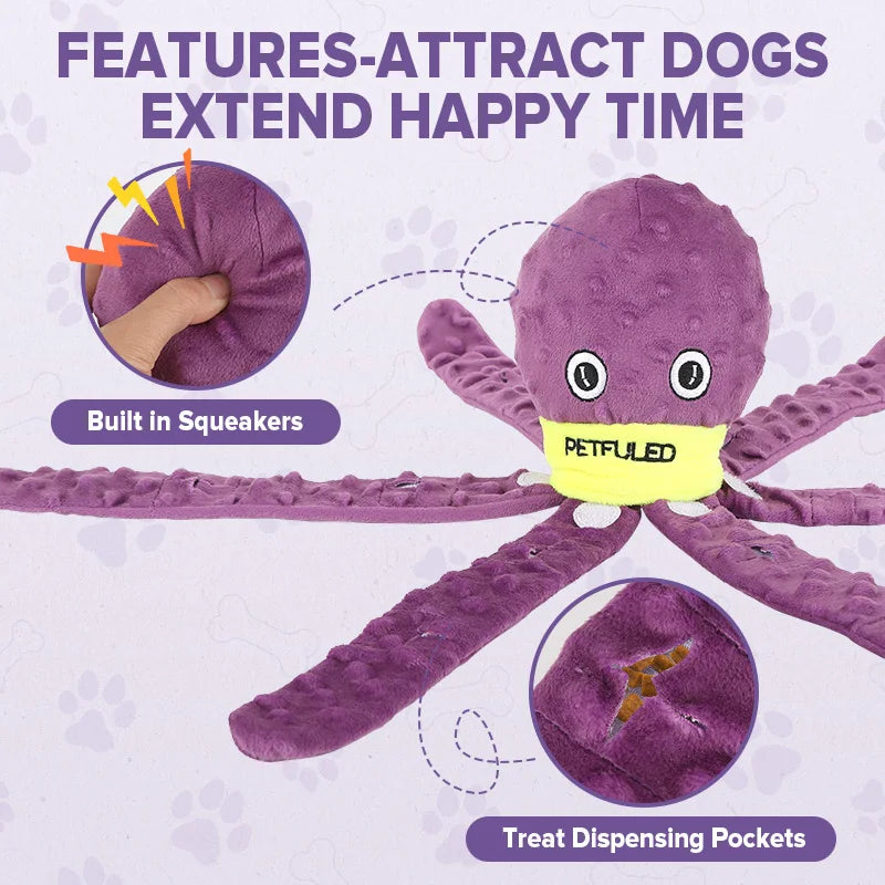 Purple & Blueplush Octopus Dog Toy with Squeaker - Interactive Chew Toy for Medium Dogs, Hide Treats,
