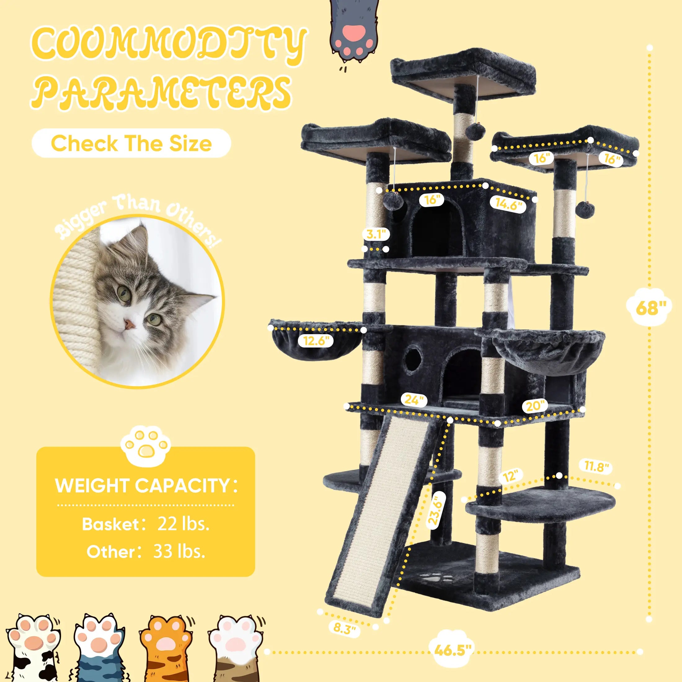 SHA CERLIN 81In/67In Multi-Level Tall Cat Tree Tower with Hammock & Sisal Scratching Posts Larger Cat Condo Furniture for Multi-Cat Play & Rest #Christmasgifts#Tiktokshopblackfriday