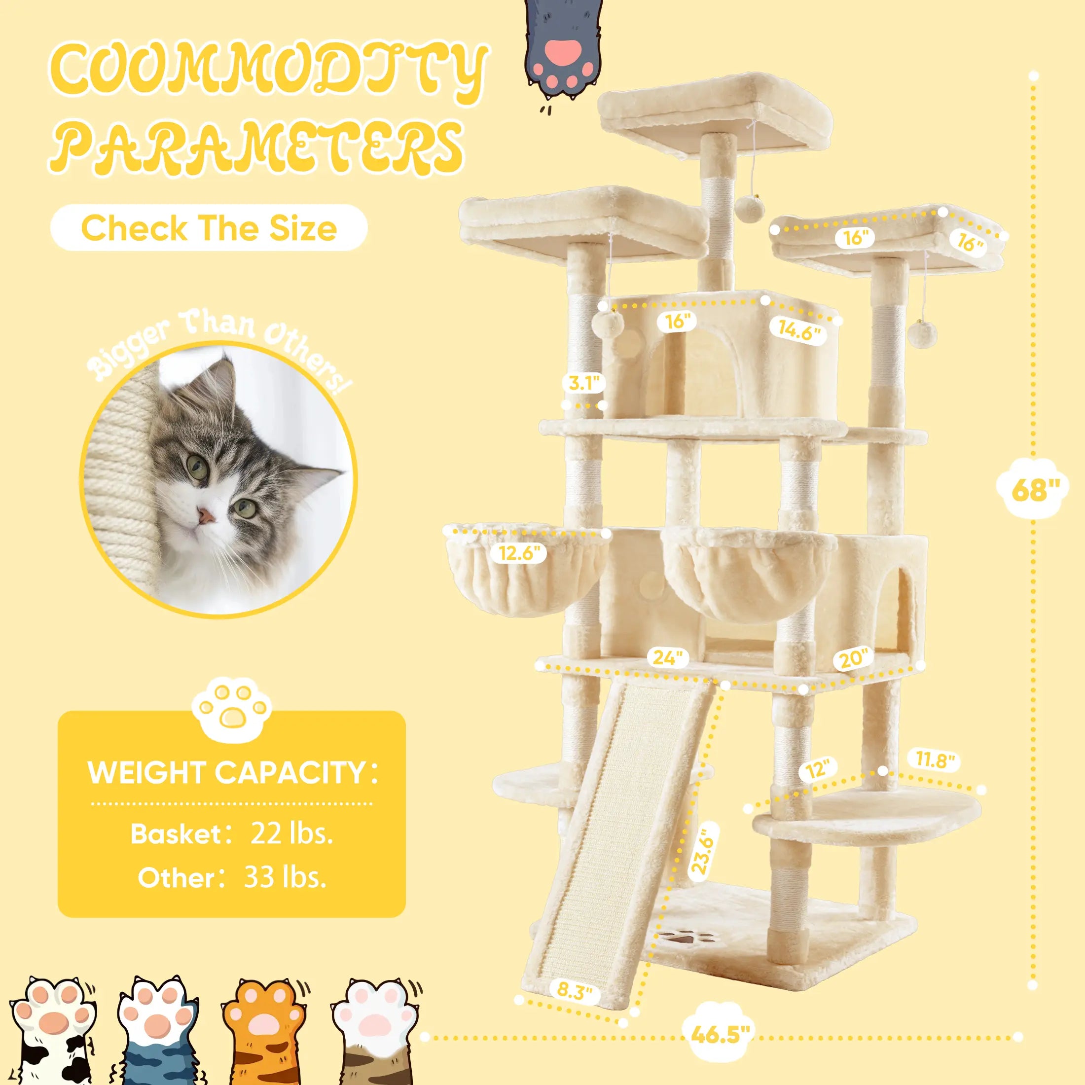 SHA CERLIN 81In/67In Multi-Level Tall Cat Tree Tower with Hammock & Sisal Scratching Posts Larger Cat Condo Furniture for Multi-Cat Play & Rest #Christmasgifts#Tiktokshopblackfriday