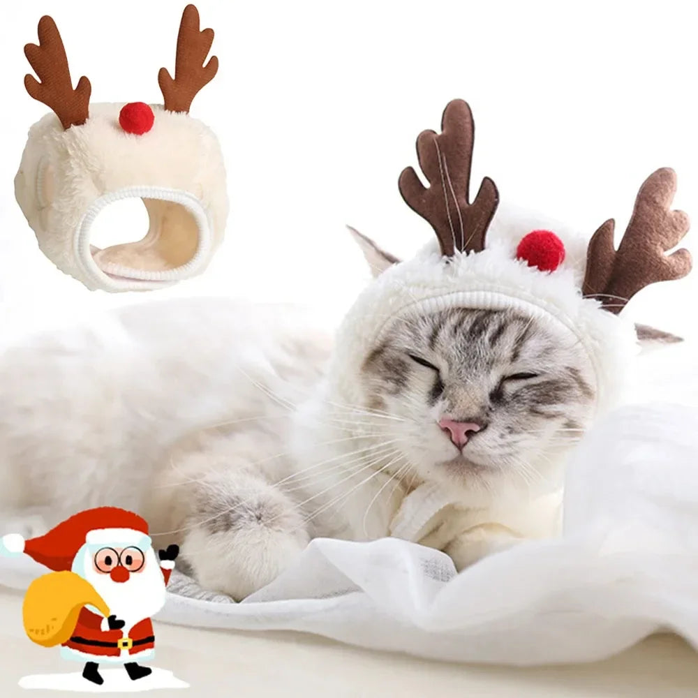 Festive Fleece Christmas Costume Set for Cats - Adorable Santa Elk Hat with Bandana Scarf for Holiday Dress-Up